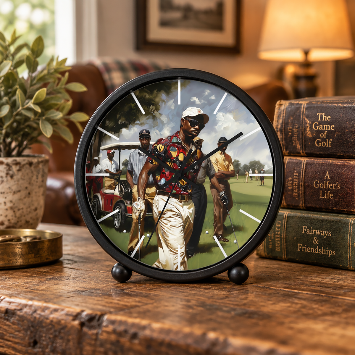 A round black clock with a golf-themed printed face sits on a wooden table in a warm, styled room setting next to books and a plant.