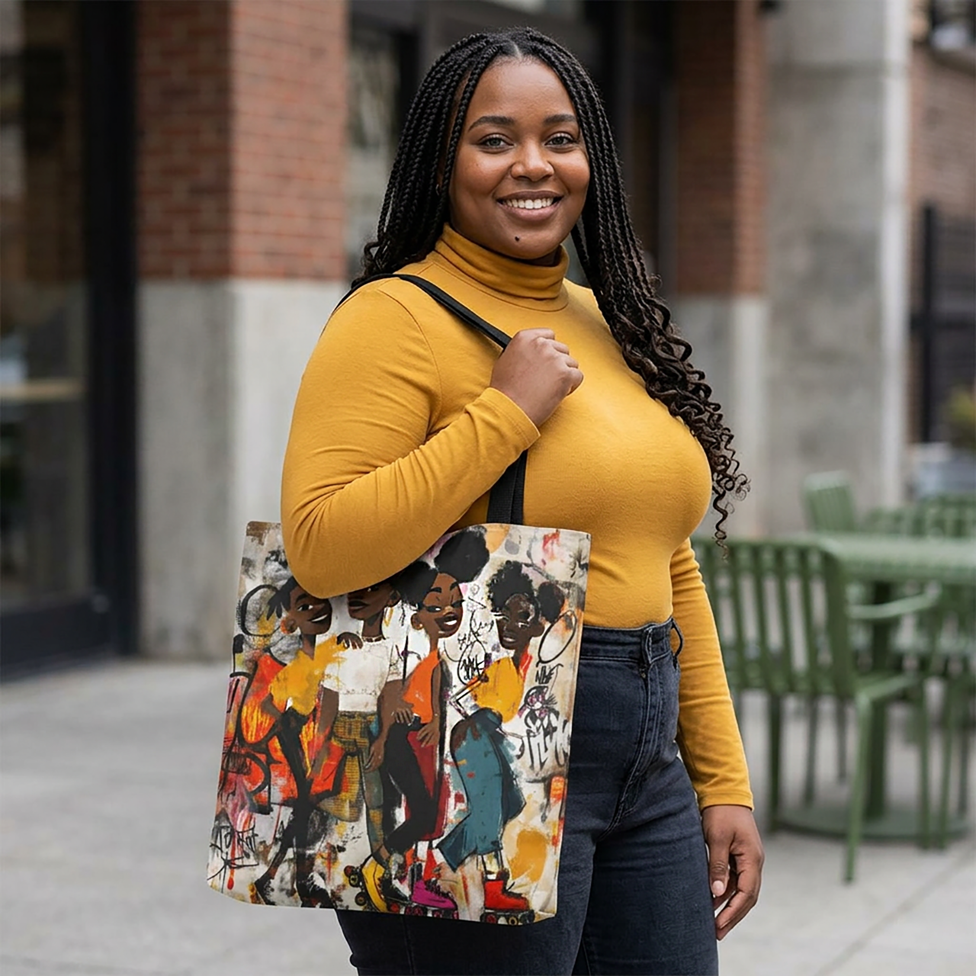 Colorful Afrocentric tote bag featuring abstract graffiti-style cartoon illustrations of Black roller skaters dancing and gliding at a roller rink. Vibrant urban artwork celebrates roller skating culture, Black joy, music, movement, and community.