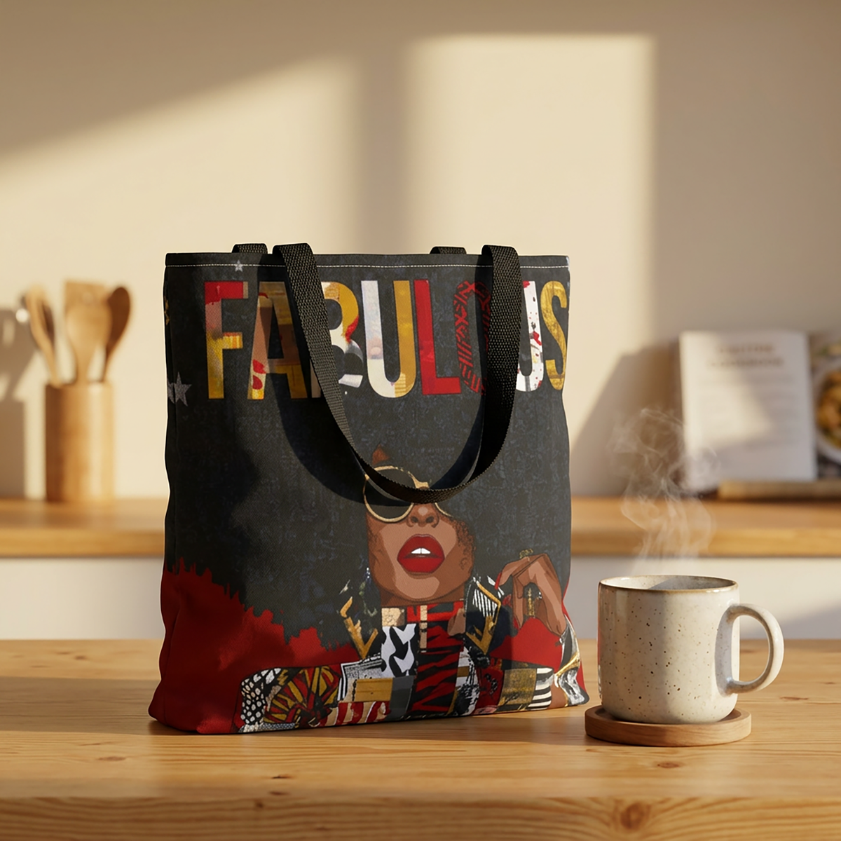 Fabulous Black woman tote bag featuring an abstract Afrocentric female portrait in colorful pop art and graffiti style with the word Fabulous in large graphic letters, sitting on top of an oak table with a cup of coffee in a kitchen setting. 