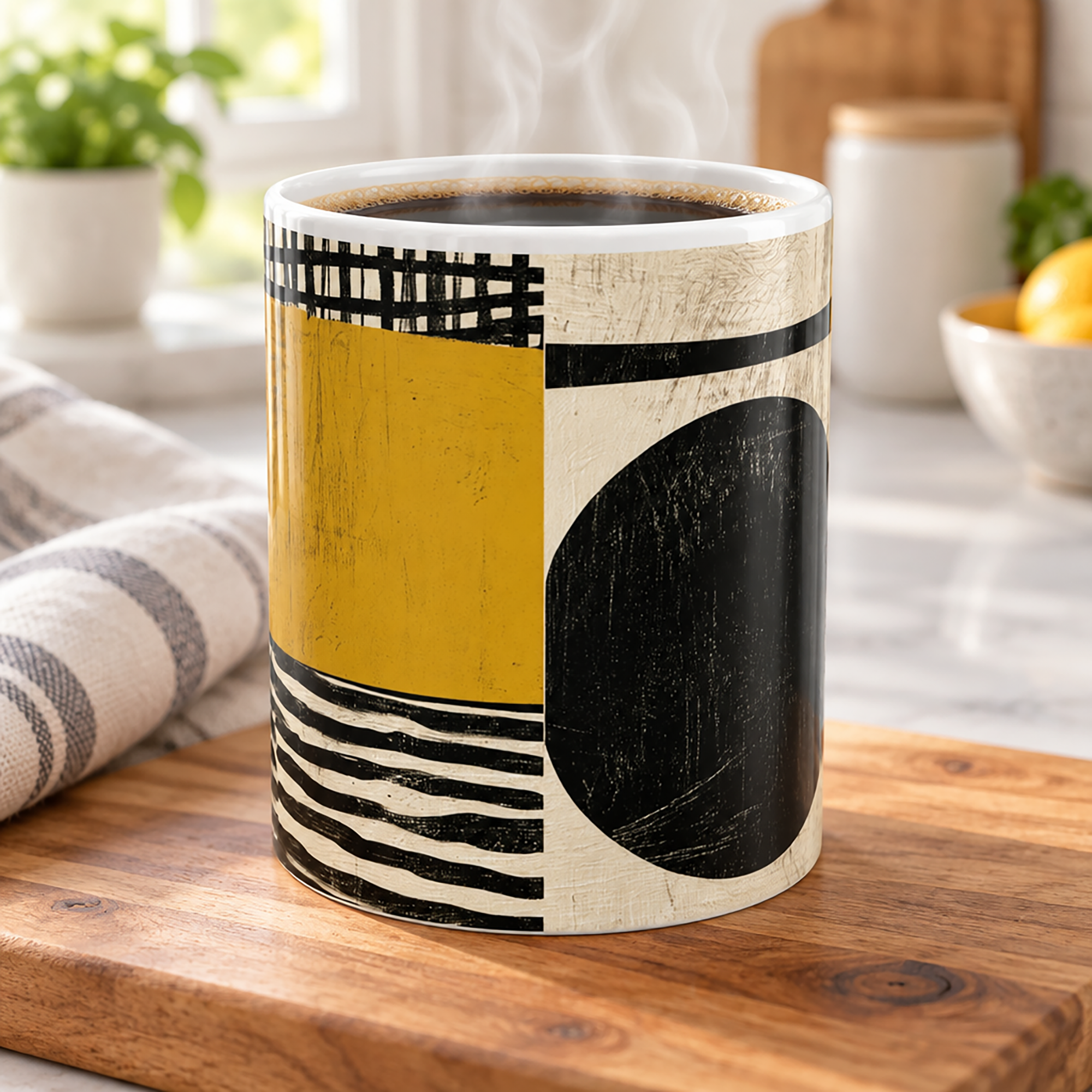 A ceramic mug with a modern abstract geometric pattern in black, white, and mustard yellow, filled with hot coffee and steam rising, set on a wooden cutting board in a bright kitchen.