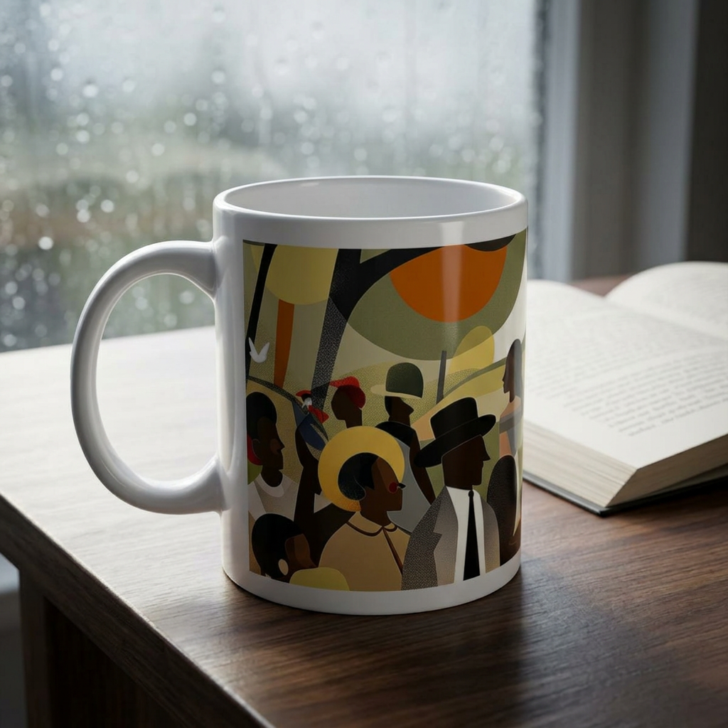 White ceramic mug with a colorful illustration of a group of people in a park. The illustration features people of different ages and skin tones wearing hats and clothing in various colors.