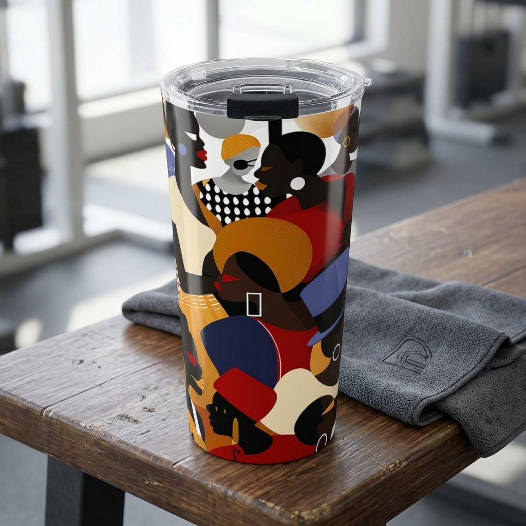 20 oz Juneteenth Family Reunion Celebration tumbler with colorful urban abstract art featuring Black family gathering imagery and clear push-on lid for hot and cold beverages