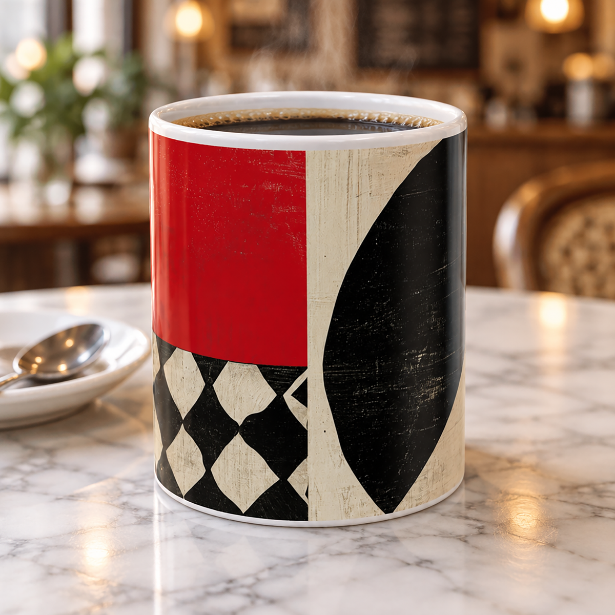Front view of an 11 oz  Afrocentric geometric coffee mug featuring creme, black and red abstract shapes, arches, stripes and checkerboard patterns, displayed on a marble table in a cafe setting.