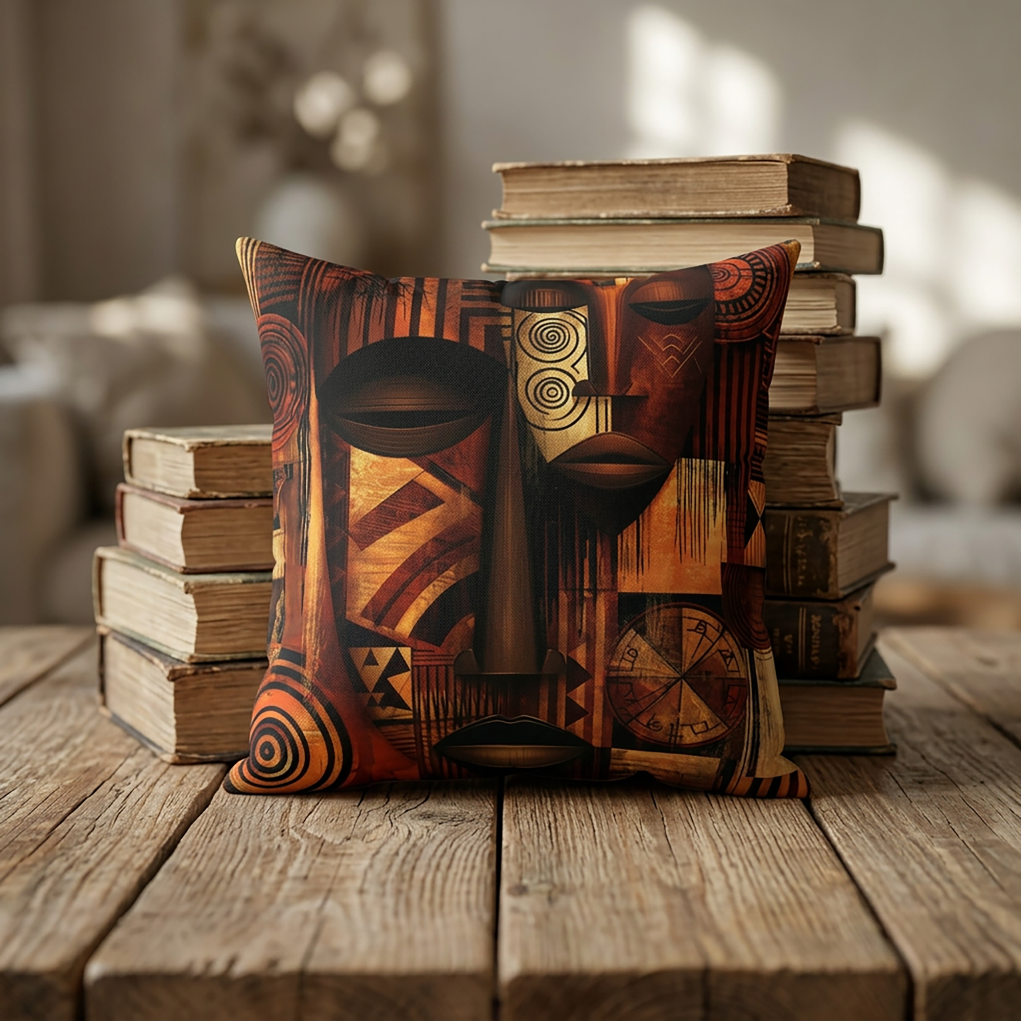 Abstract Afrocentric African Mask  throw pillow featuring a colorful tribal-inspired face with bold geometric patterns and vibrant cultural artwork displayed against a stack of books.
