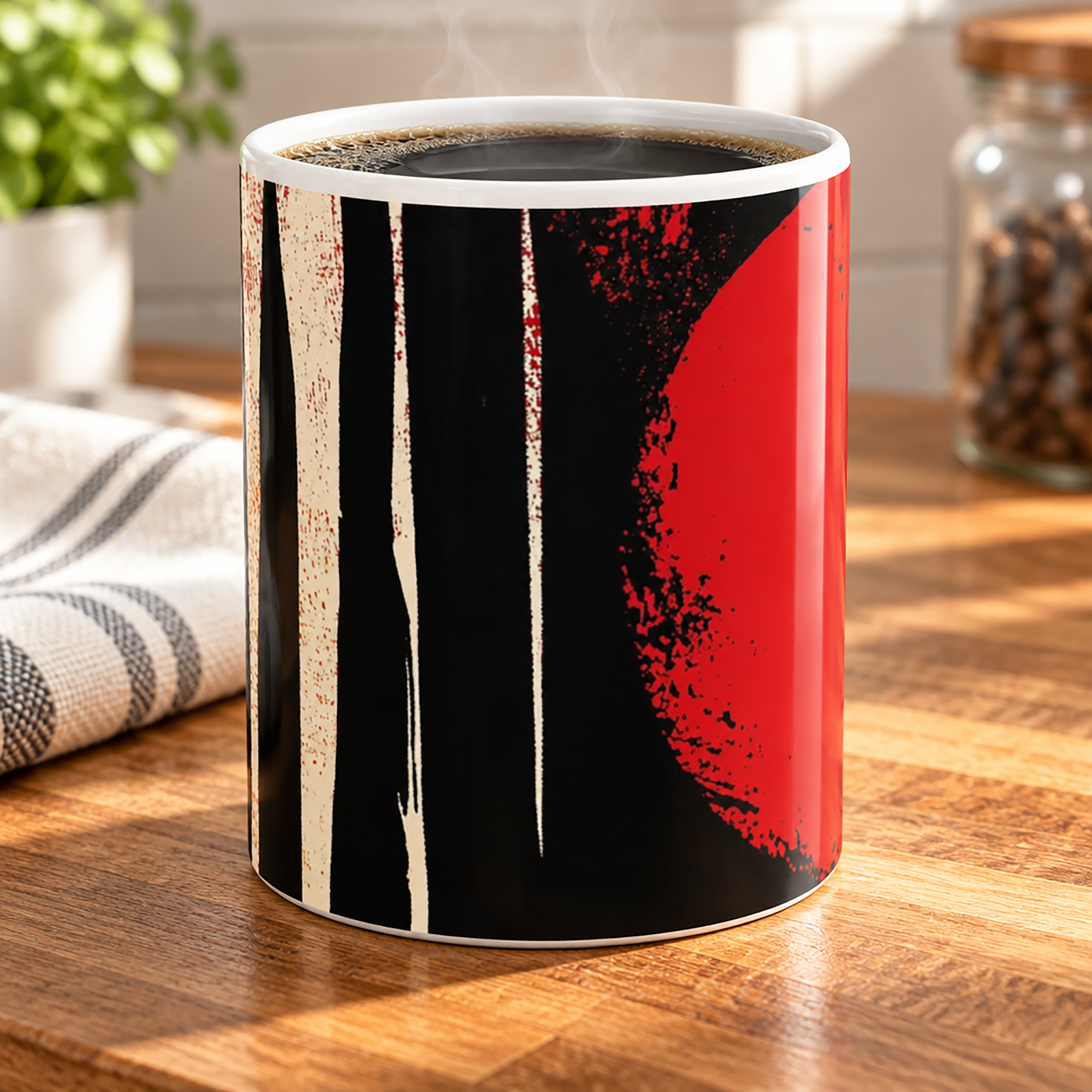 Front view of 11 oz. red, black and cream abstract art coffee mug featuring bold geometric circles, stripes, organic shapes and a Bauhaus-inspired modern design, displayed on top of a pine wood kitchen table.
