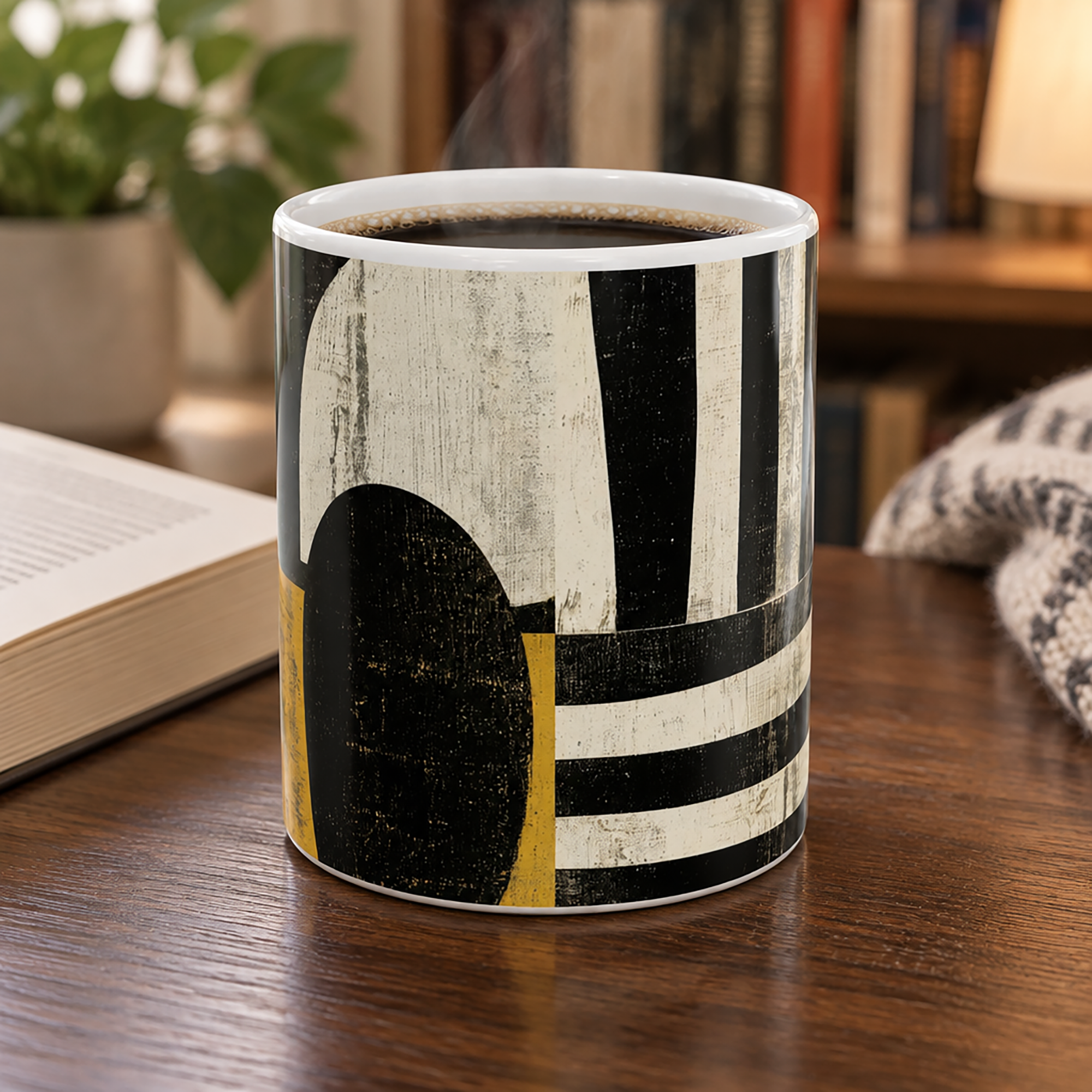 A ceramic coffee mug with a modern abstract black, white, and mustard yellow pattern, filled with black coffee and sitting on a wooden table in a cozy, blurred indoor setting.
