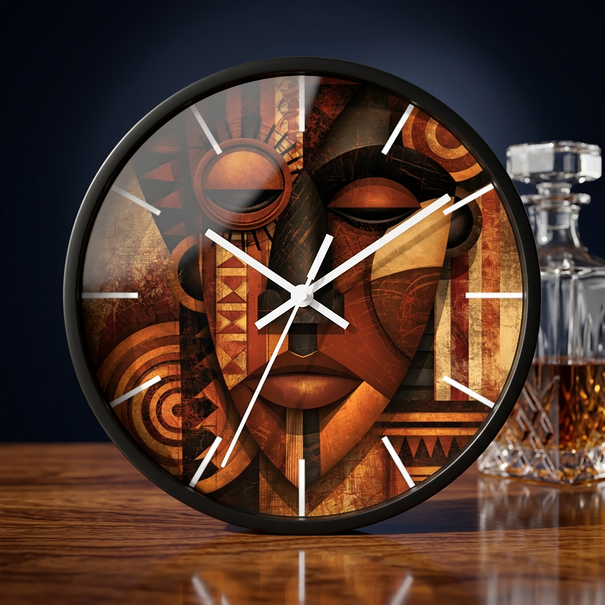 Black round wall clock with white time markings and white clock hands, featuring an abstract African-inspired mask face with geometric shapes, circular patterns, and textured details in terracotta, burnt orange, bronze, black, and warm gold tones, displayed on a dark wood table with a crystal decanter.