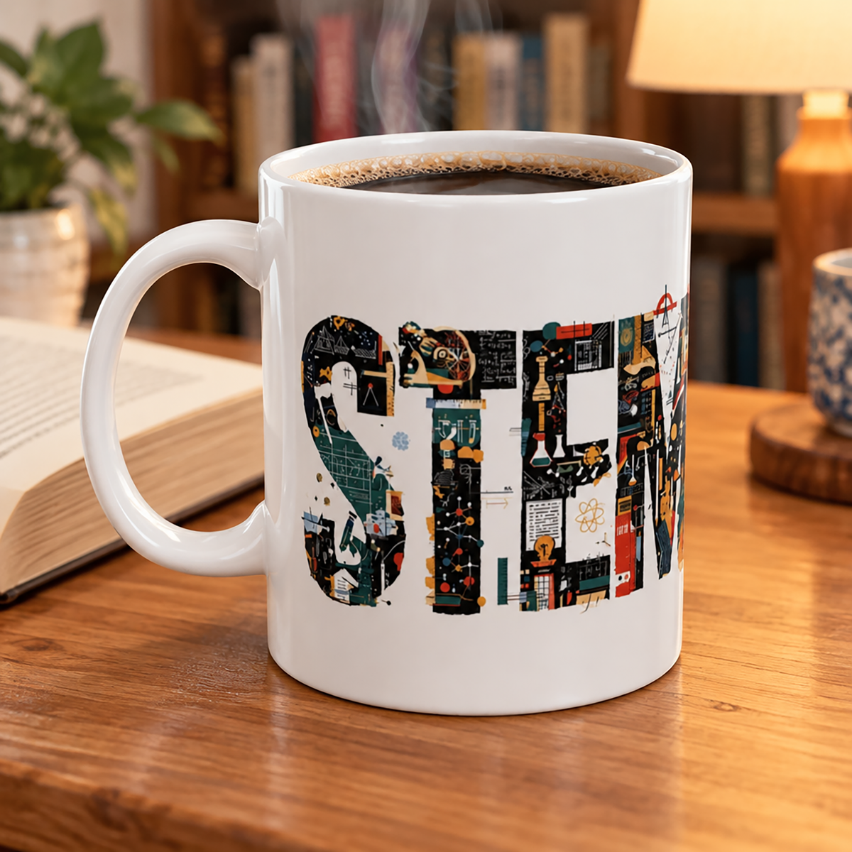 Left handle view of STEM 11 oz. coffee mug, featuring colorful oversized STEM lettering surrounded by microscopes, laboratory glassware, molecules, mathematical equations, engineering rulers, drafting tools and science and technology graphics.  Displayed on a wood table with books in the background.