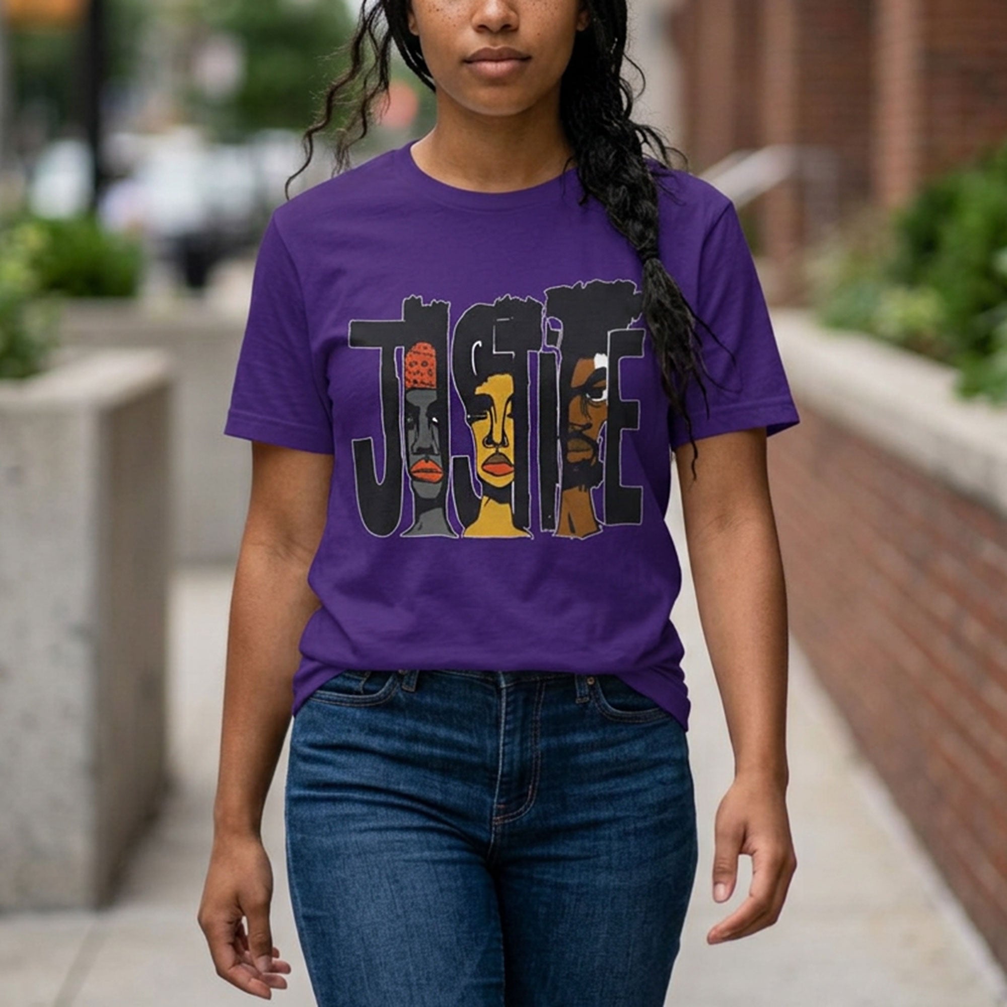 A woman wearing a purple short-sleeve graphic t-shirt with the word 'JUSTICE' stylized in black and filled with abstract Black people, paired with blue jeans, standing on a blurred brick sidewalk.