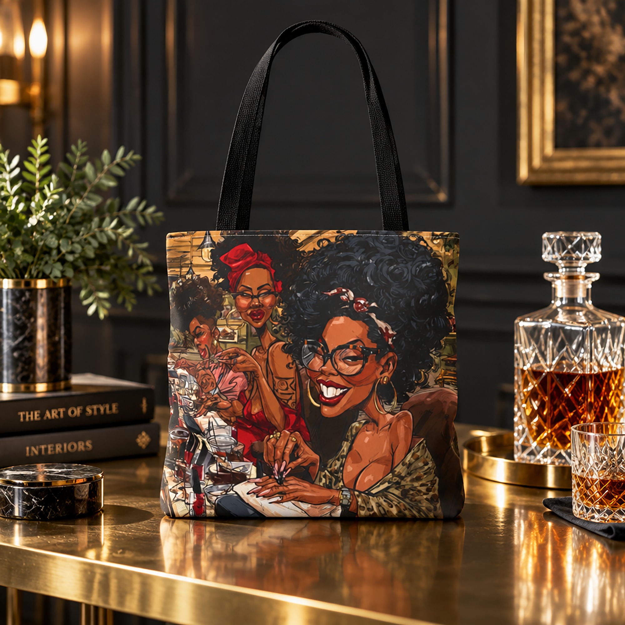 Full view of Black Women Nail Salon tote bag featuring colorful artwork of stylish Black women getting manicures together with nail polish and beauty accessories, displayed on top of a bronze table with a crystal decanter and plant in the background.