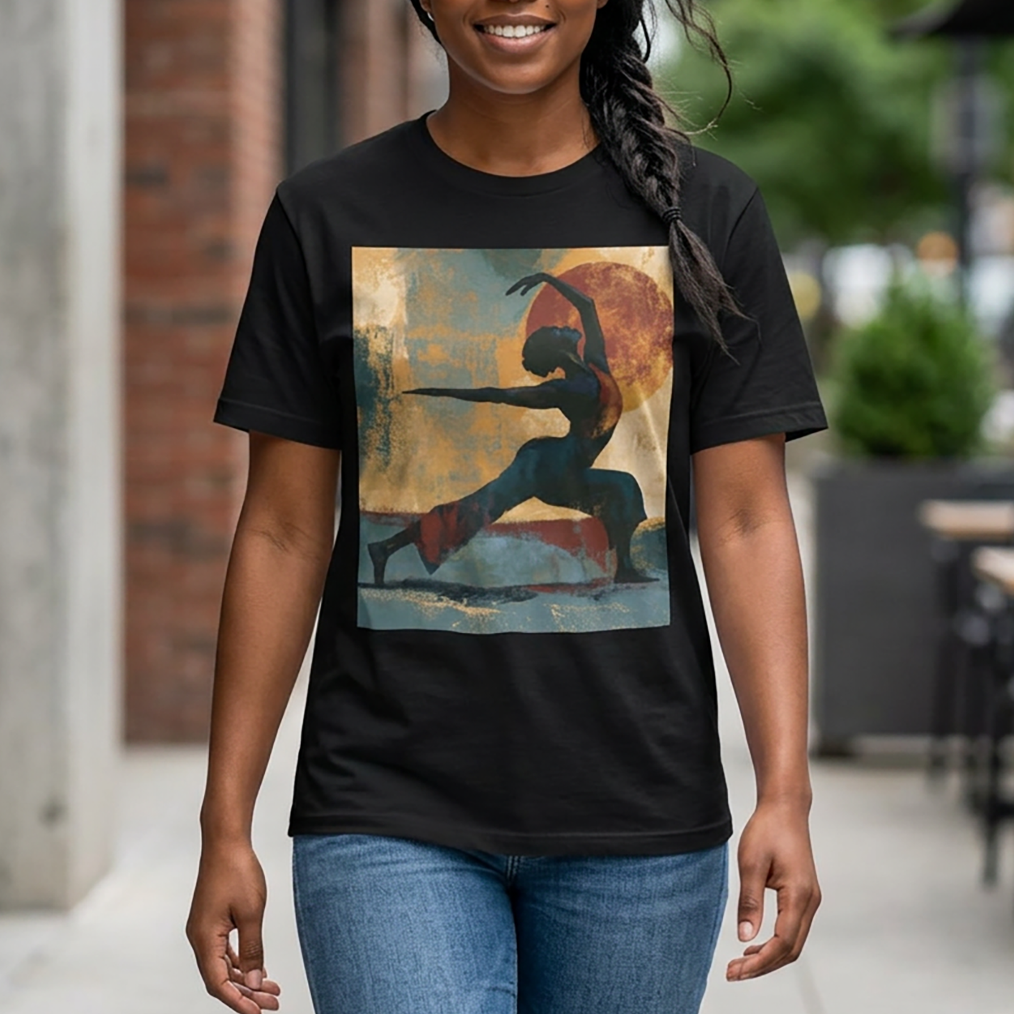 Black Woman Yoga Pose T-shirt featuring abstract textured artwork of an African American woman practicing yoga in a peaceful meditation pose with contemporary Afrocentric artistic styling.