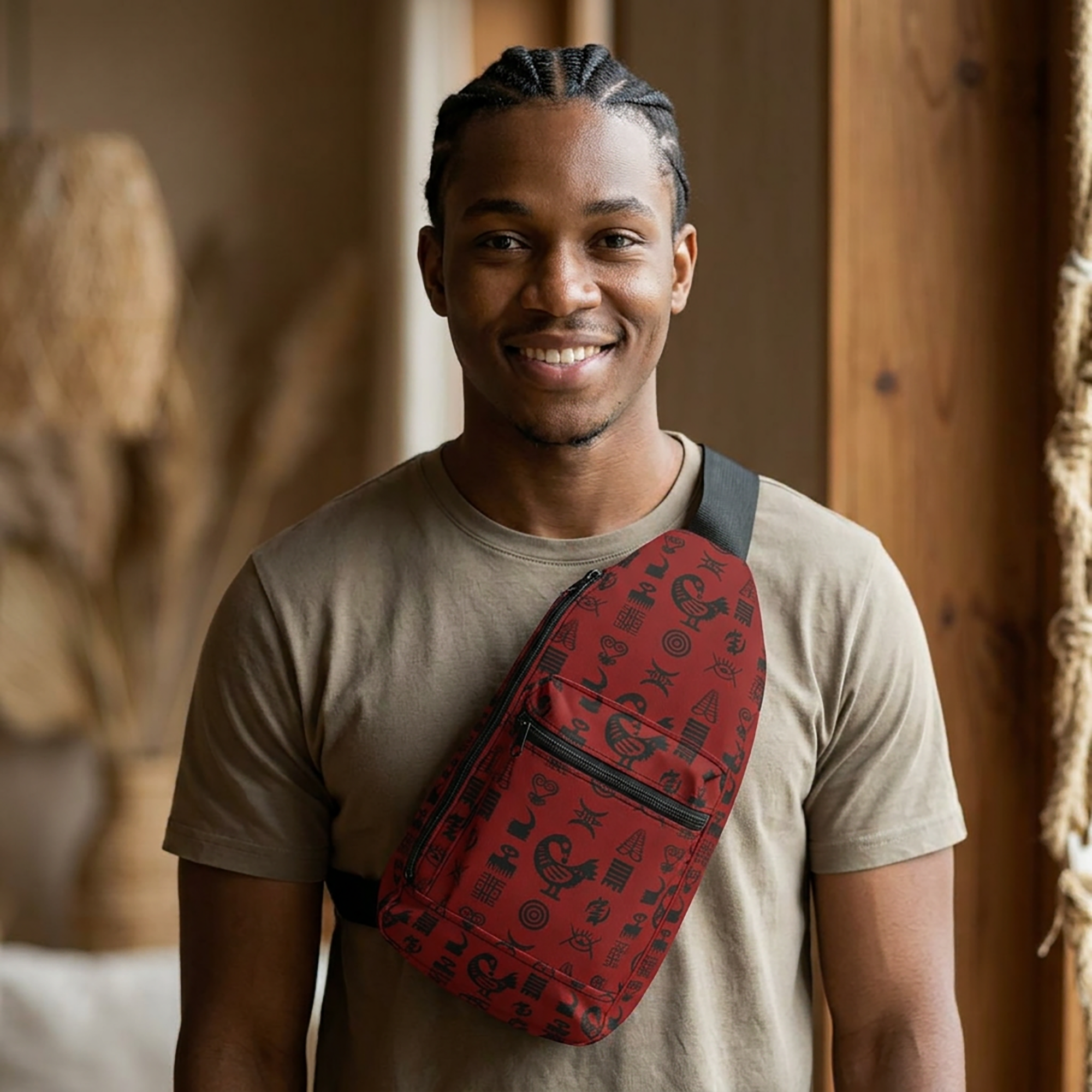 Crossbody sling bag featuring traditional Ghanaian Adinkra symbols in an Afrocentric pattern celebrating African heritage, culture, wisdom, and unity.