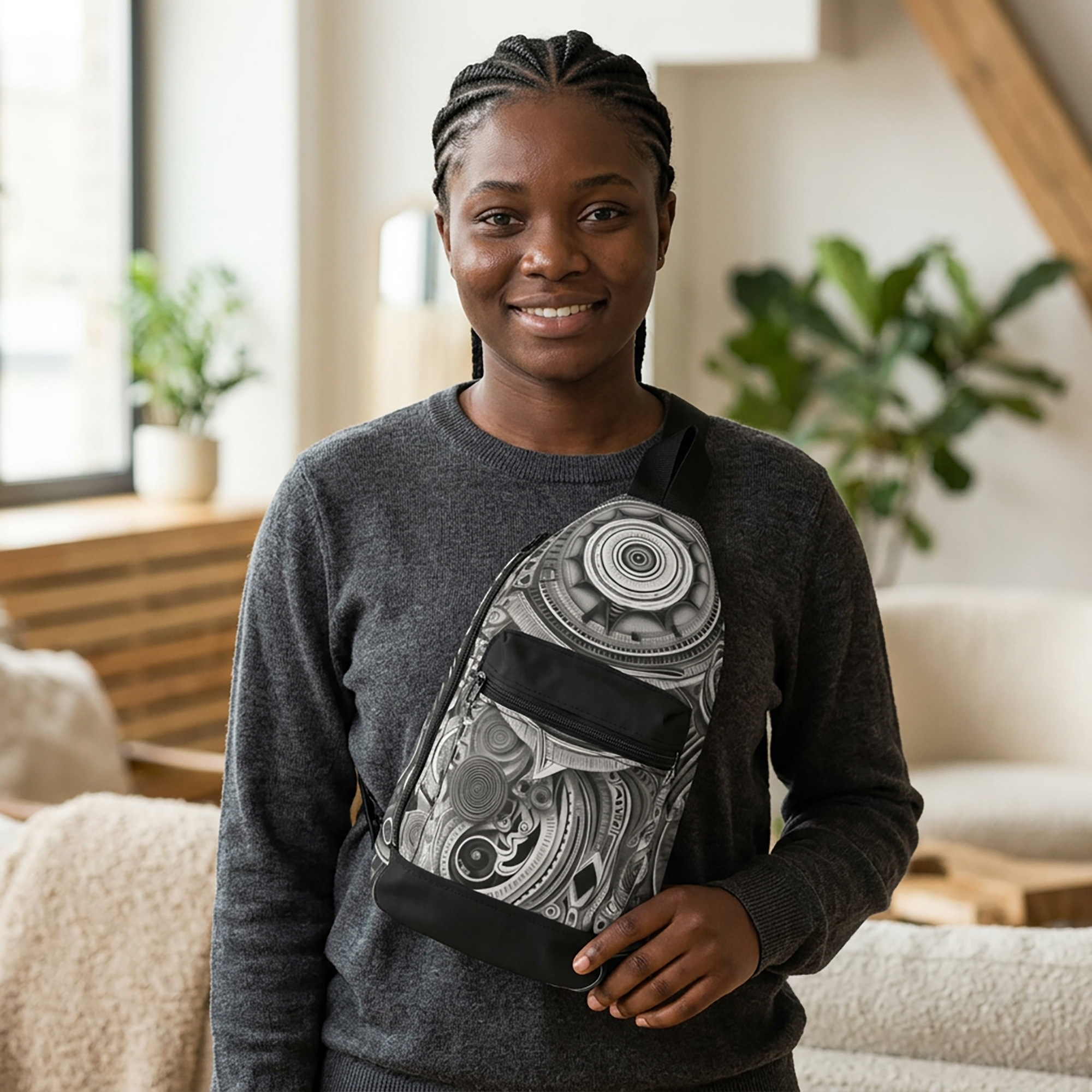 Black and white abstract Afrofuturism crossbody sling bag featuring futuristic geometric artwork, bold monochrome patterns, cultural design elements, and contemporary wearable art styling.