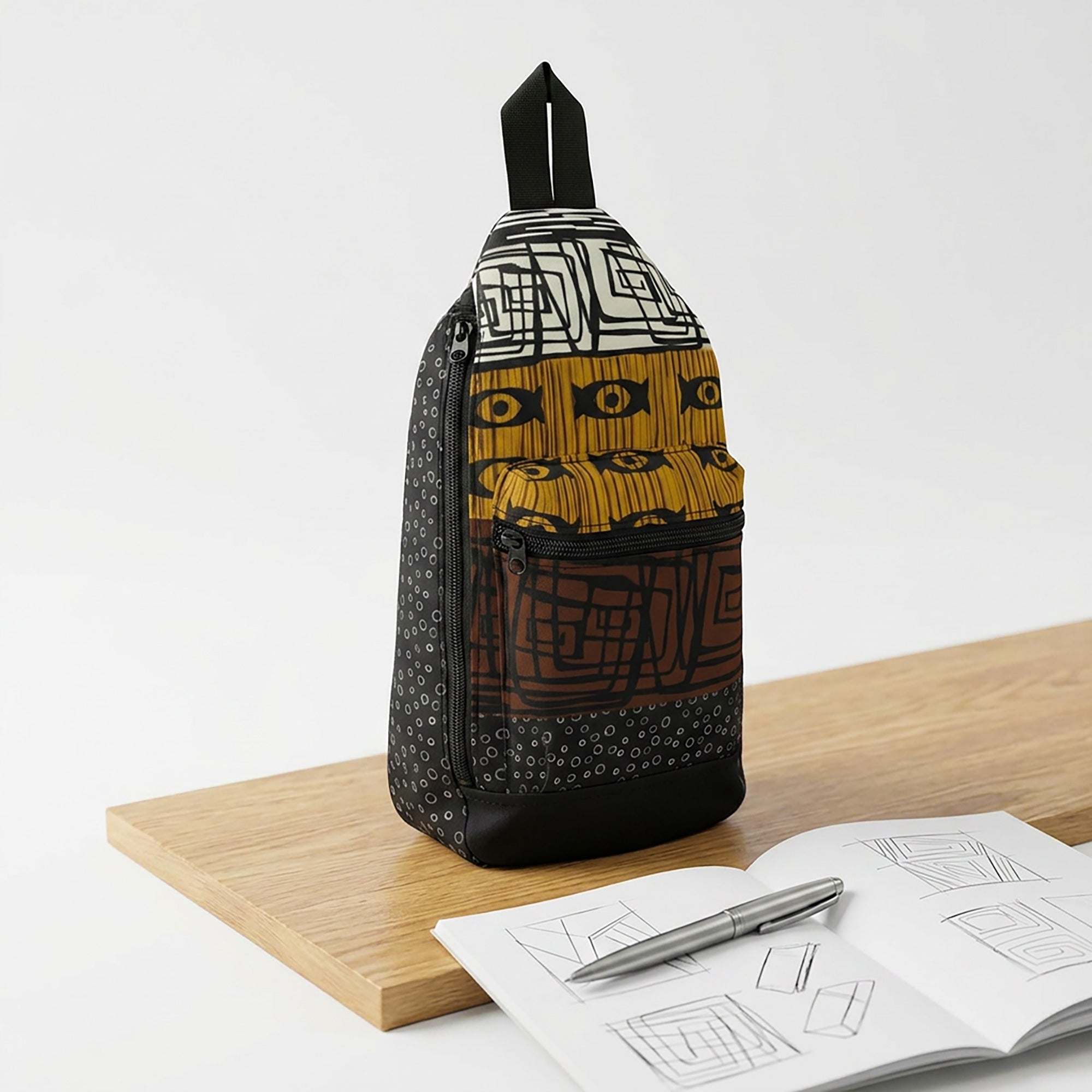 Mud cloth pattern crossbody sling bag featuring traditional African-inspired geometric designs in black and white, stylish Afrocentric travel accessory for everyday use.