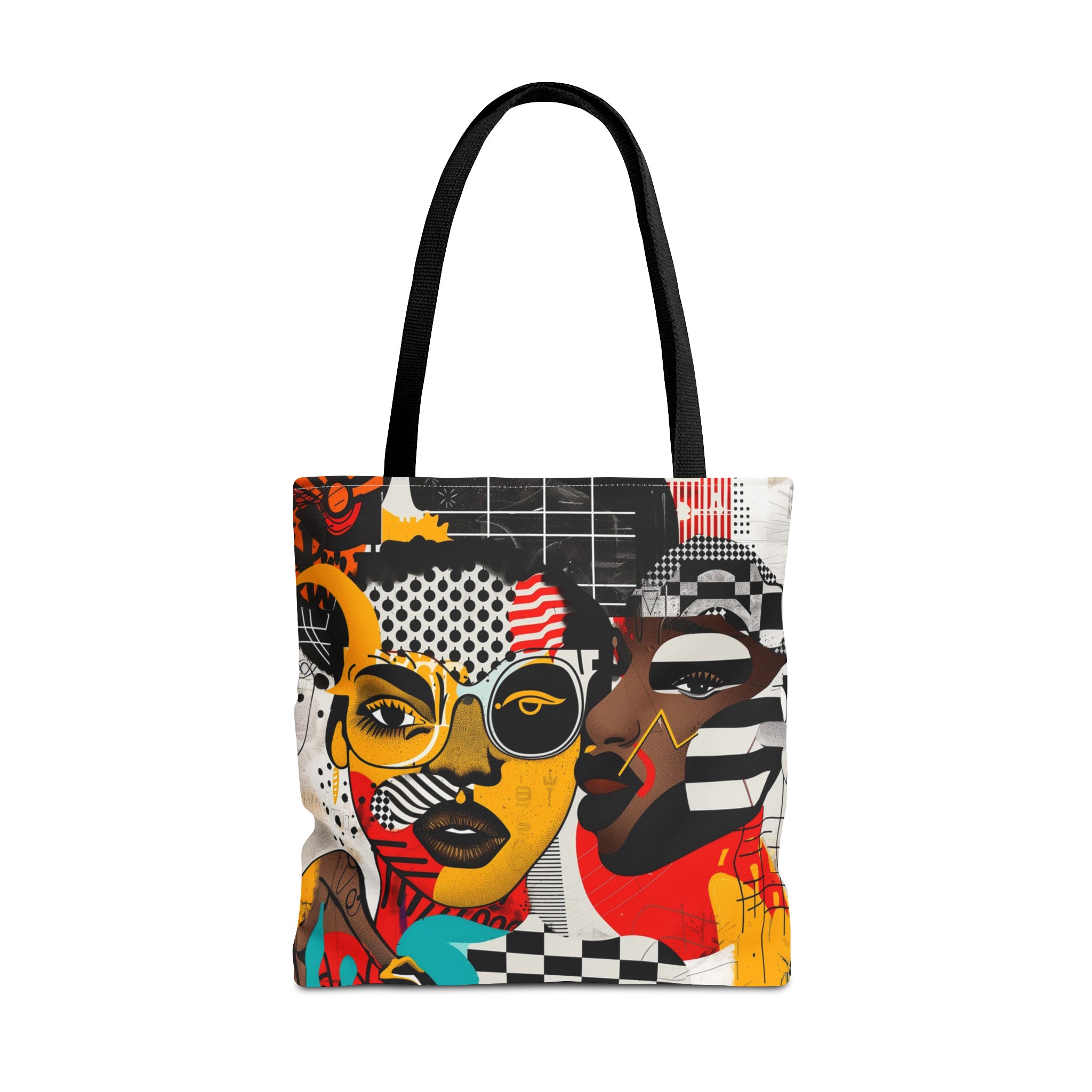 Soul Sisters abstract shower curtain featuring a modern pop art collage of two Black women celebrating sisterhood, Afrocentric style, and bold contemporary bathroom décor.