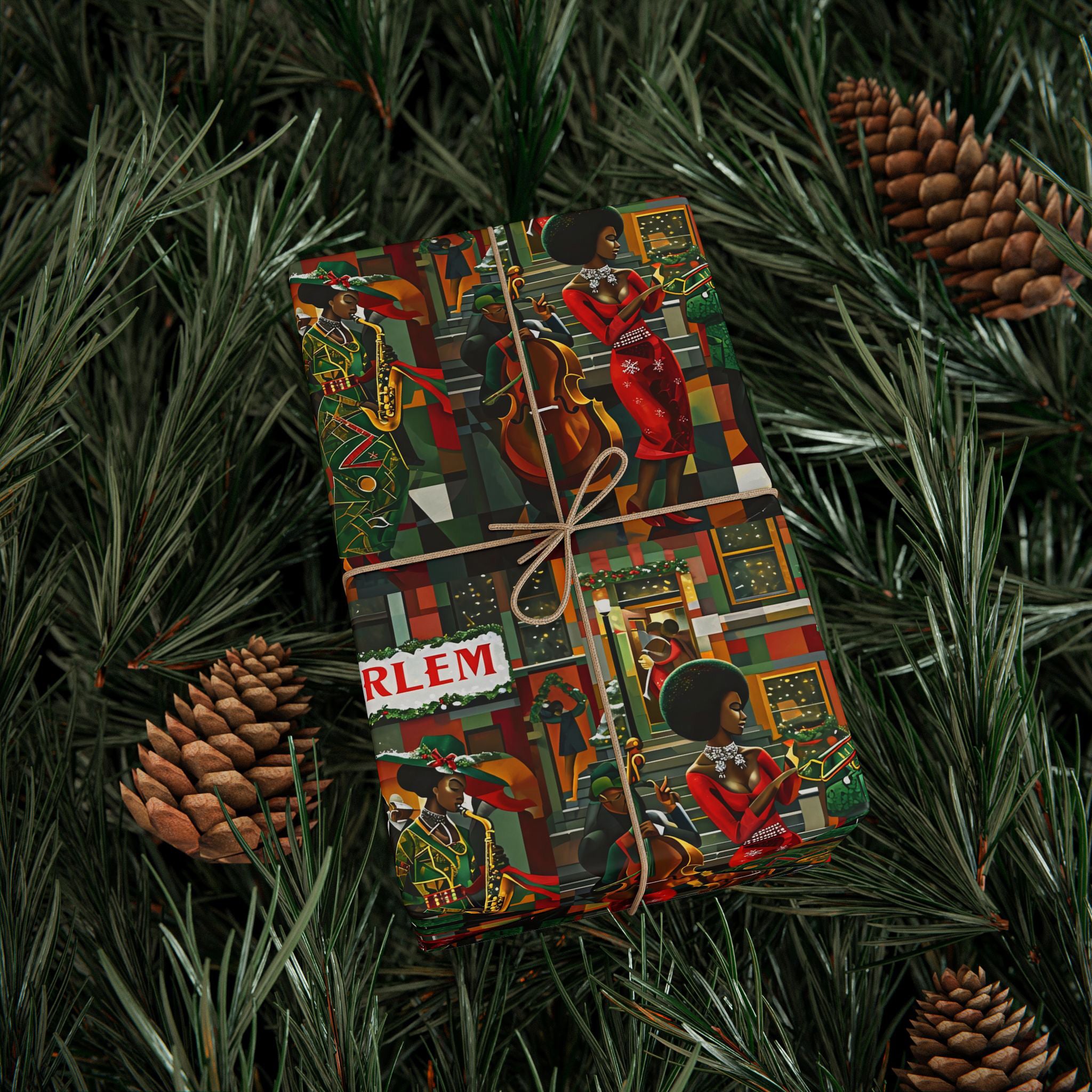 Afrocentric Christmas Wrapping Paper Harlem Jazz Musicians Designs for Holiday Gifts - Glossy