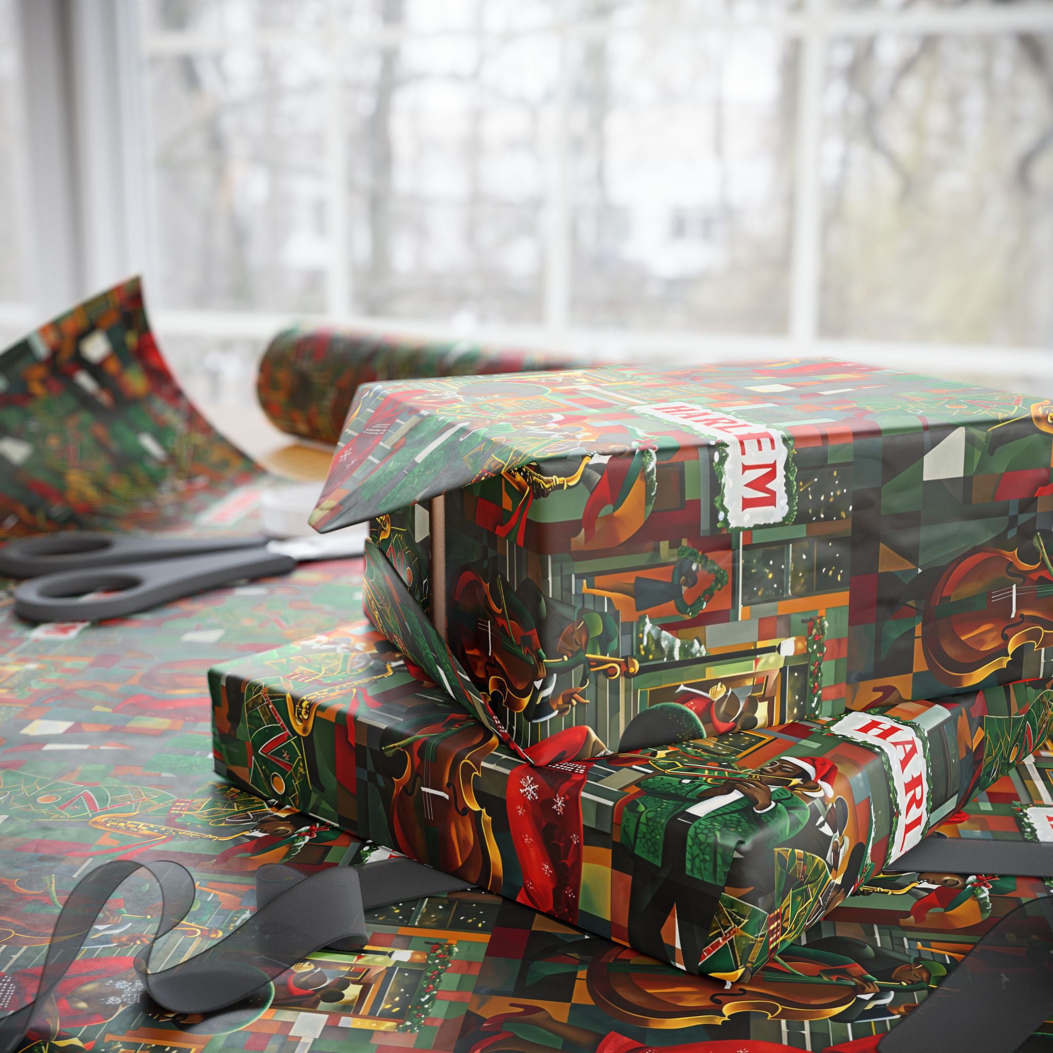 Afrocentric Christmas Wrapping Paper Harlem Jazz Musicians Designs for Holiday Gifts - Glossy