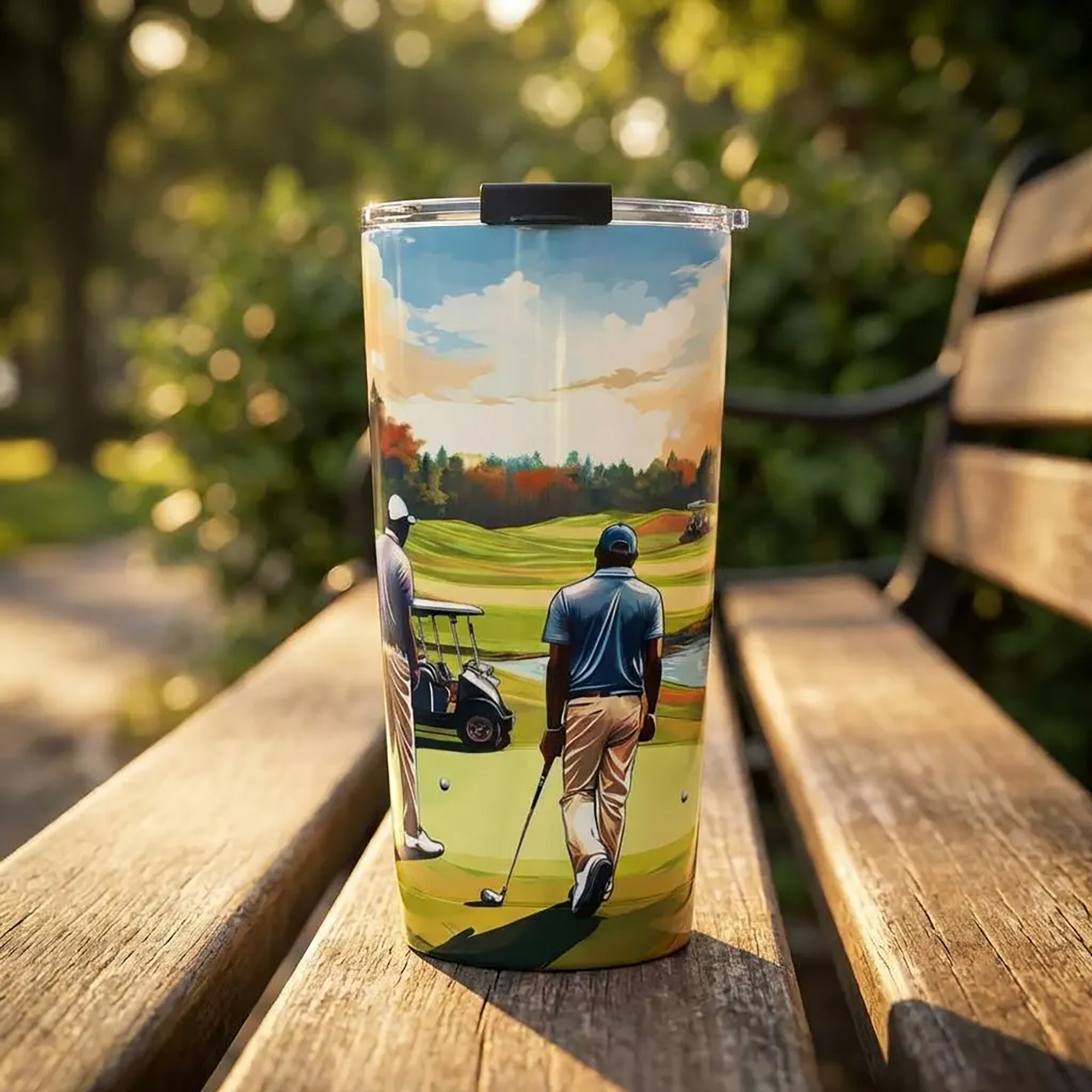 20 oz tumbler with painterly illustration of Black men playing golf on a green course, featuring a clear push-on lid with rubber gasket for hot and cold beverages.