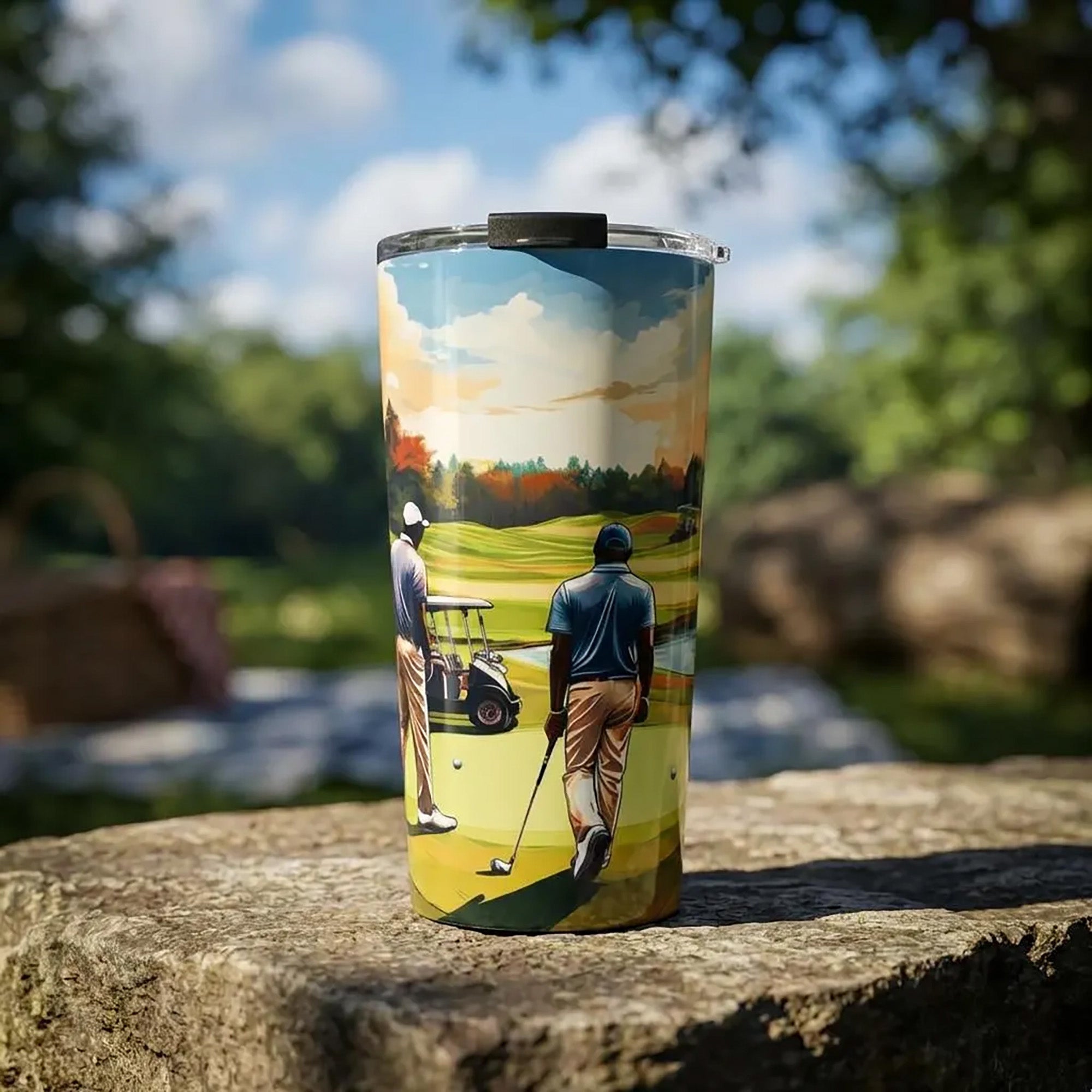 20 oz tumbler with painterly illustration of Black men playing golf on a green course, featuring a clear push-on lid with rubber gasket for hot and cold beverages.
