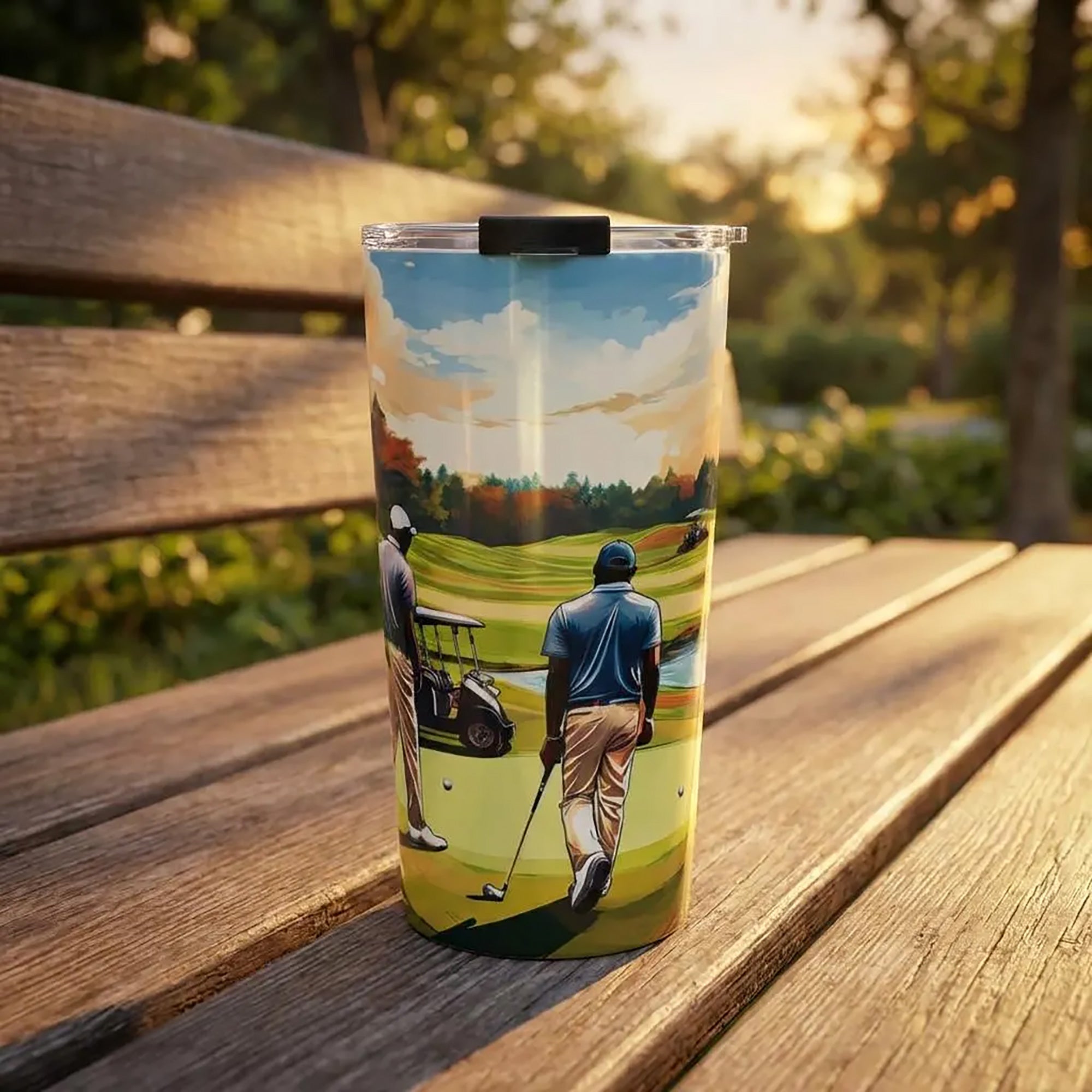 20 oz tumbler with painterly illustration of Black men playing golf on a green course, featuring a clear push-on lid with rubber gasket for hot and cold beverages.