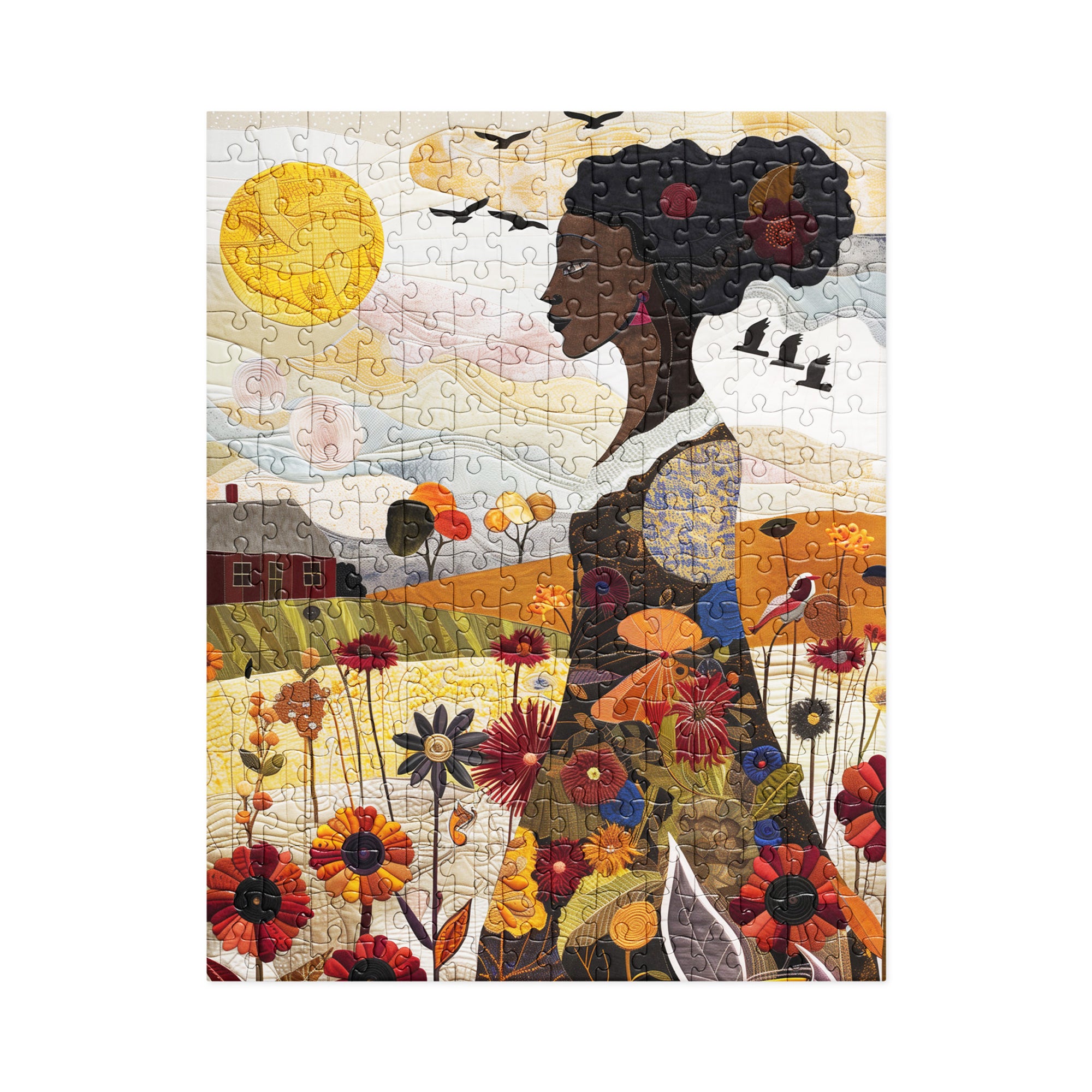 Jigsaw puzzle featuring an African American woman in a vibrant garden surrounded by colorful wildflowers. The design is quilt-inspired, blending floral nature elements with Afrocentric art. Ideal for art therapy, relaxation, and celebrating Black women who love gardening.