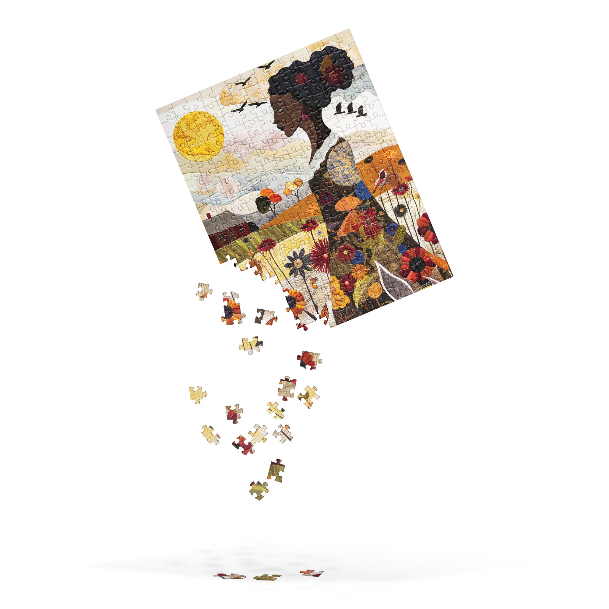 Jigsaw puzzle featuring an African American woman in a vibrant garden surrounded by colorful wildflowers. The design is quilt-inspired, blending floral nature elements with Afrocentric art. Ideal for art therapy, relaxation, and celebrating Black women who love gardening.