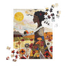Jigsaw puzzle featuring an African American woman in a vibrant garden surrounded by colorful wildflowers. The design is quilt-inspired, blending floral nature elements with Afrocentric art. Ideal for art therapy, relaxation, and celebrating Black women who love gardening.