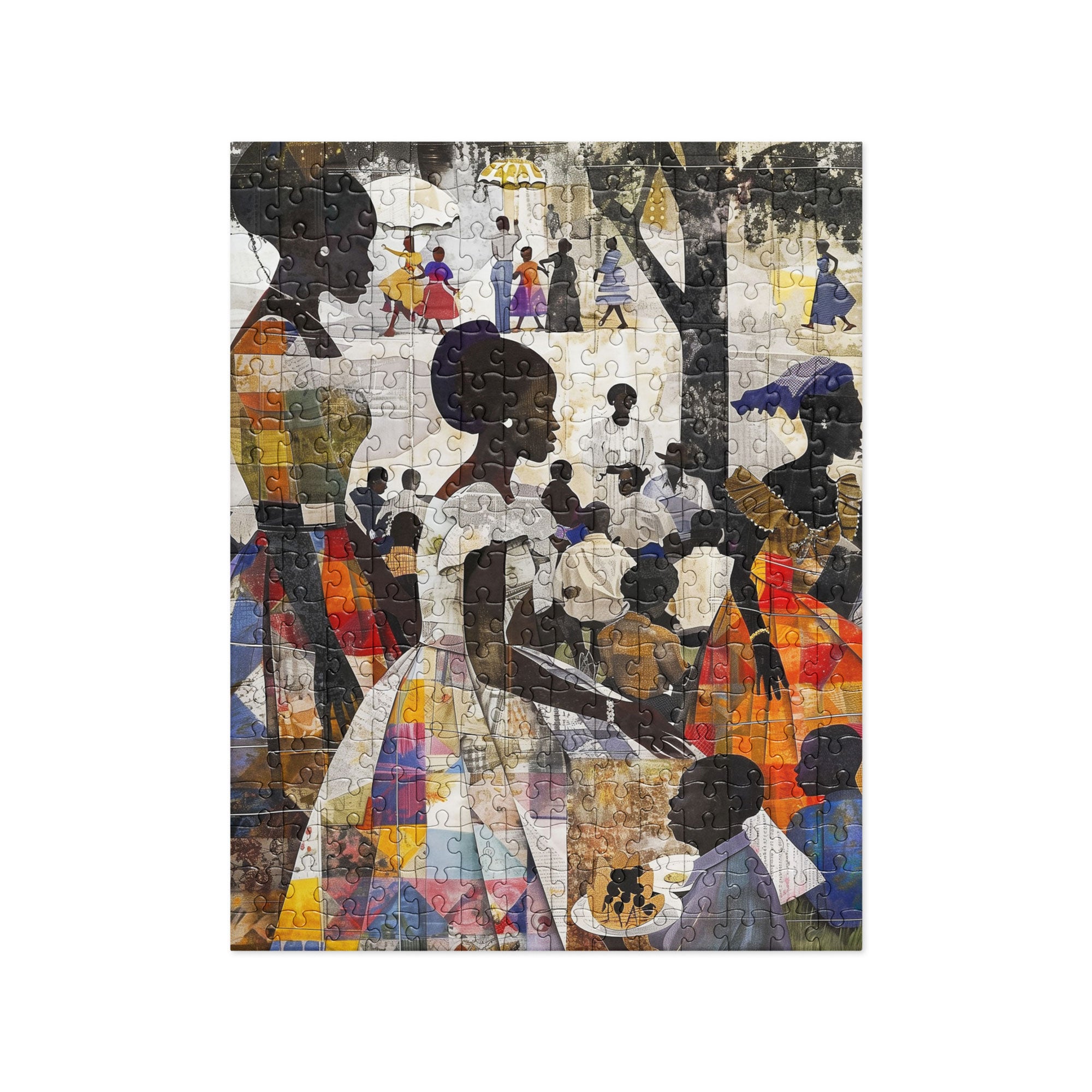 Picnic in the Park Jigsaw Puzzle featuring African American women and children enjoying an outdoor family picnic, illustrated in a colorful Afrocentric style.