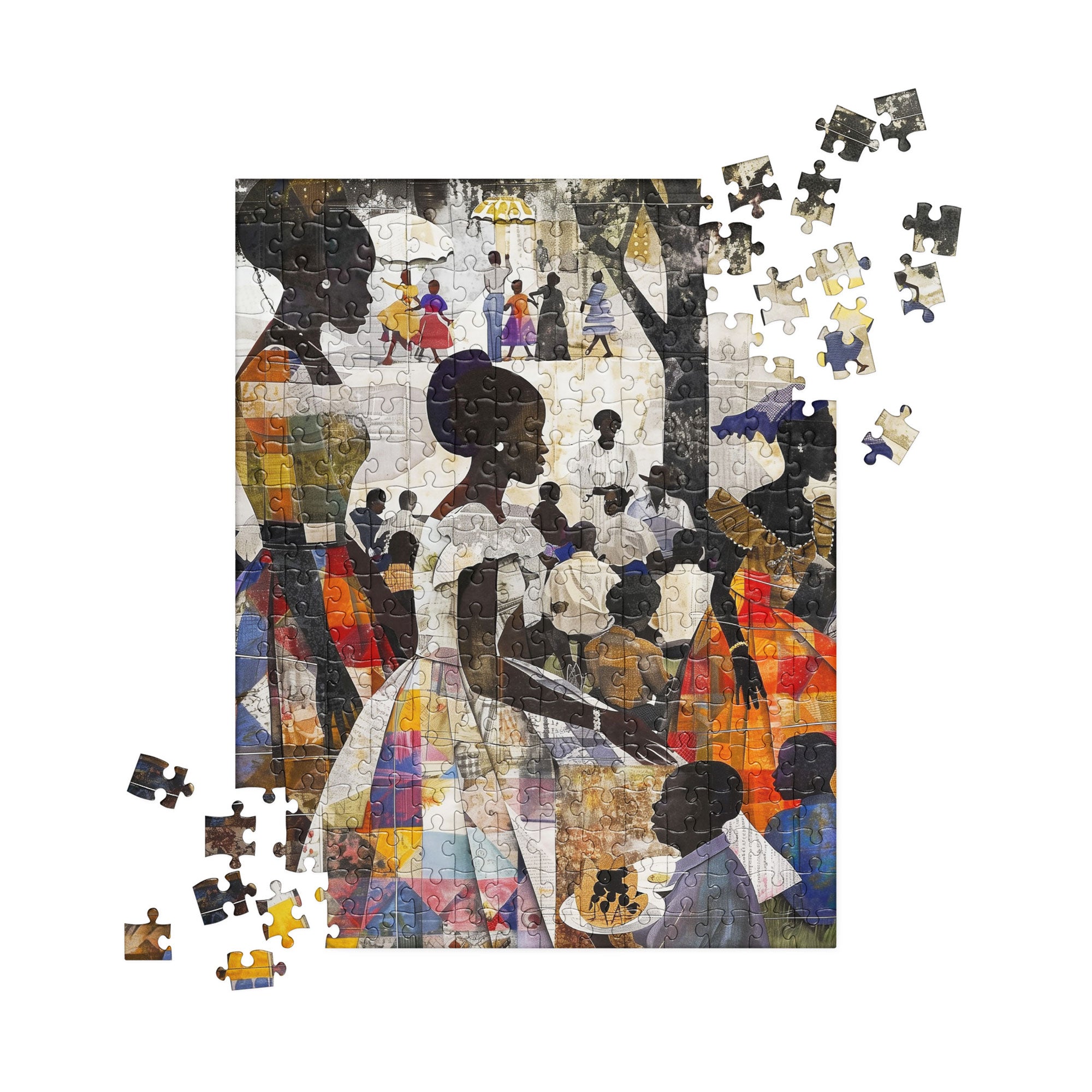 Picnic in the Park Jigsaw Puzzle featuring African American women and children enjoying an outdoor family picnic, illustrated in a colorful Afrocentric style.