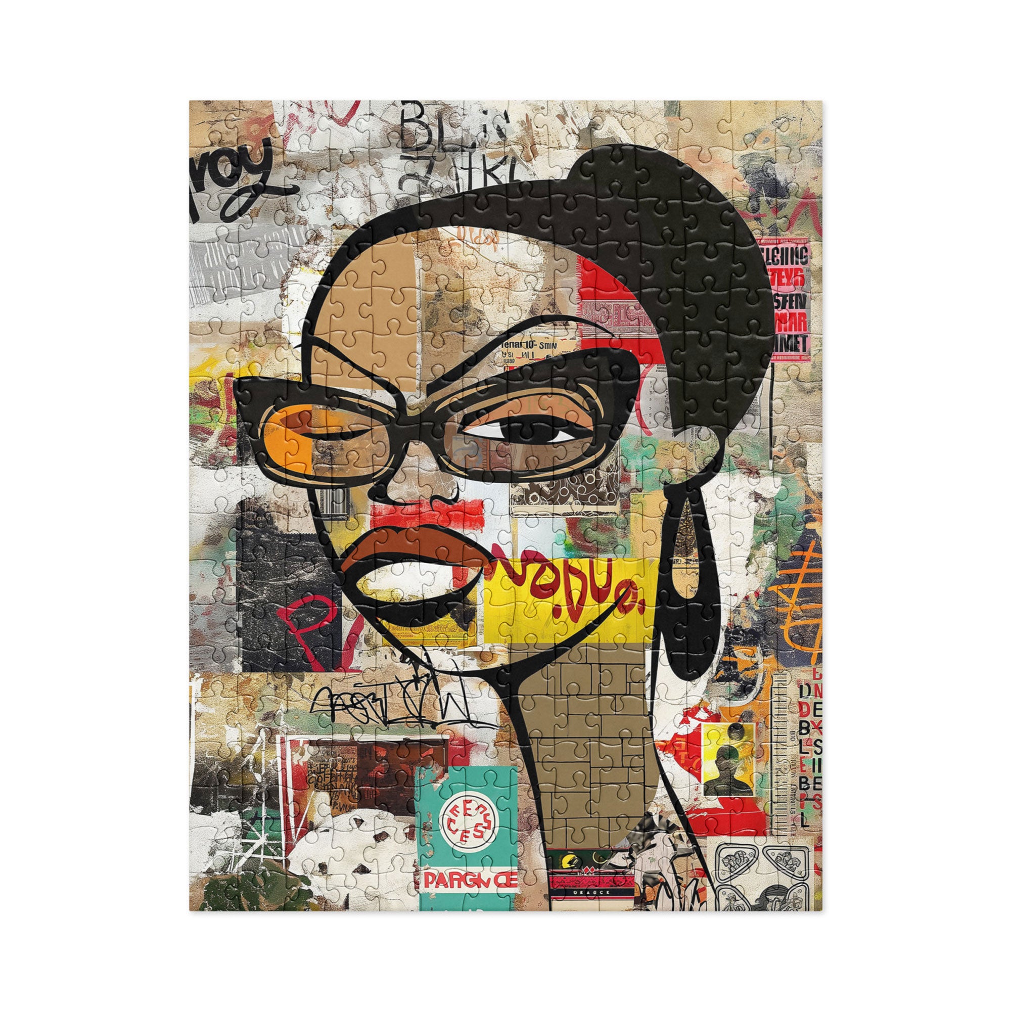 Boss Babe Jigsaw Puzzle featuring Black woman named Markeisha in cartoon graffiti style, Afrocentric art, vibrant colors, family game puzzle.
