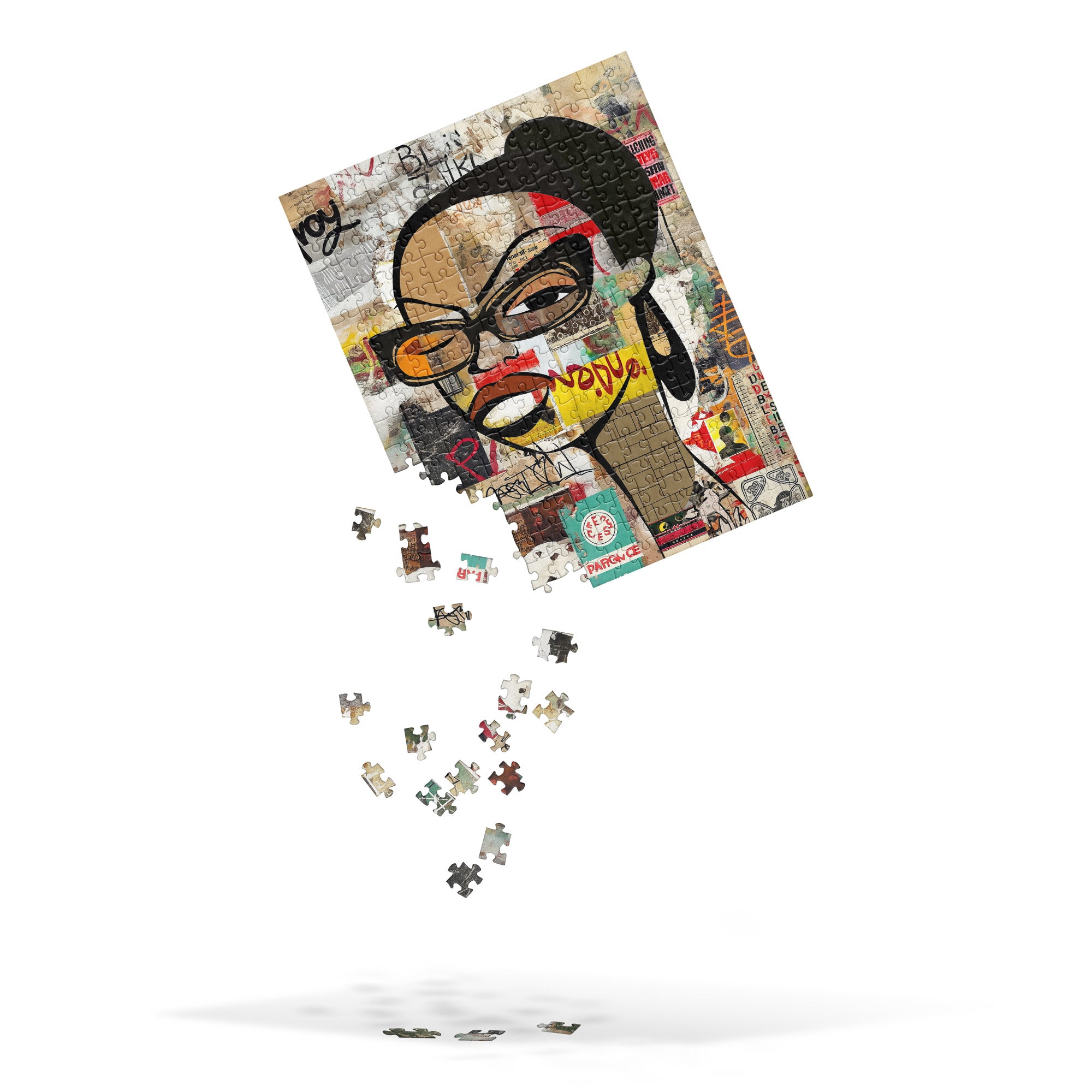 Boss Babe Jigsaw Puzzle featuring Black woman named Markeisha in cartoon graffiti style, Afrocentric art, vibrant colors, family game puzzle.
