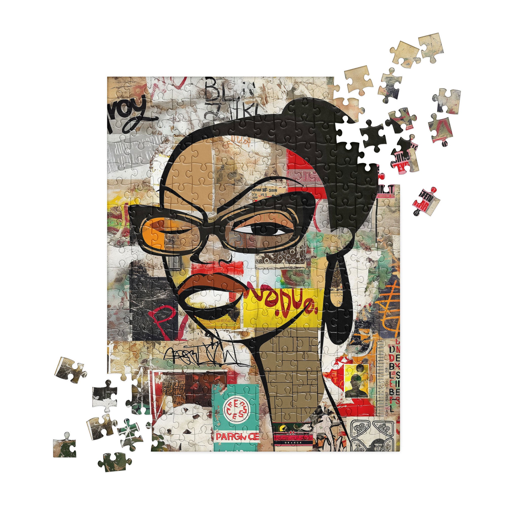 Boss Babe Jigsaw Puzzle featuring Black woman named Markeisha in cartoon graffiti style, Afrocentric art, vibrant colors, family game puzzle.