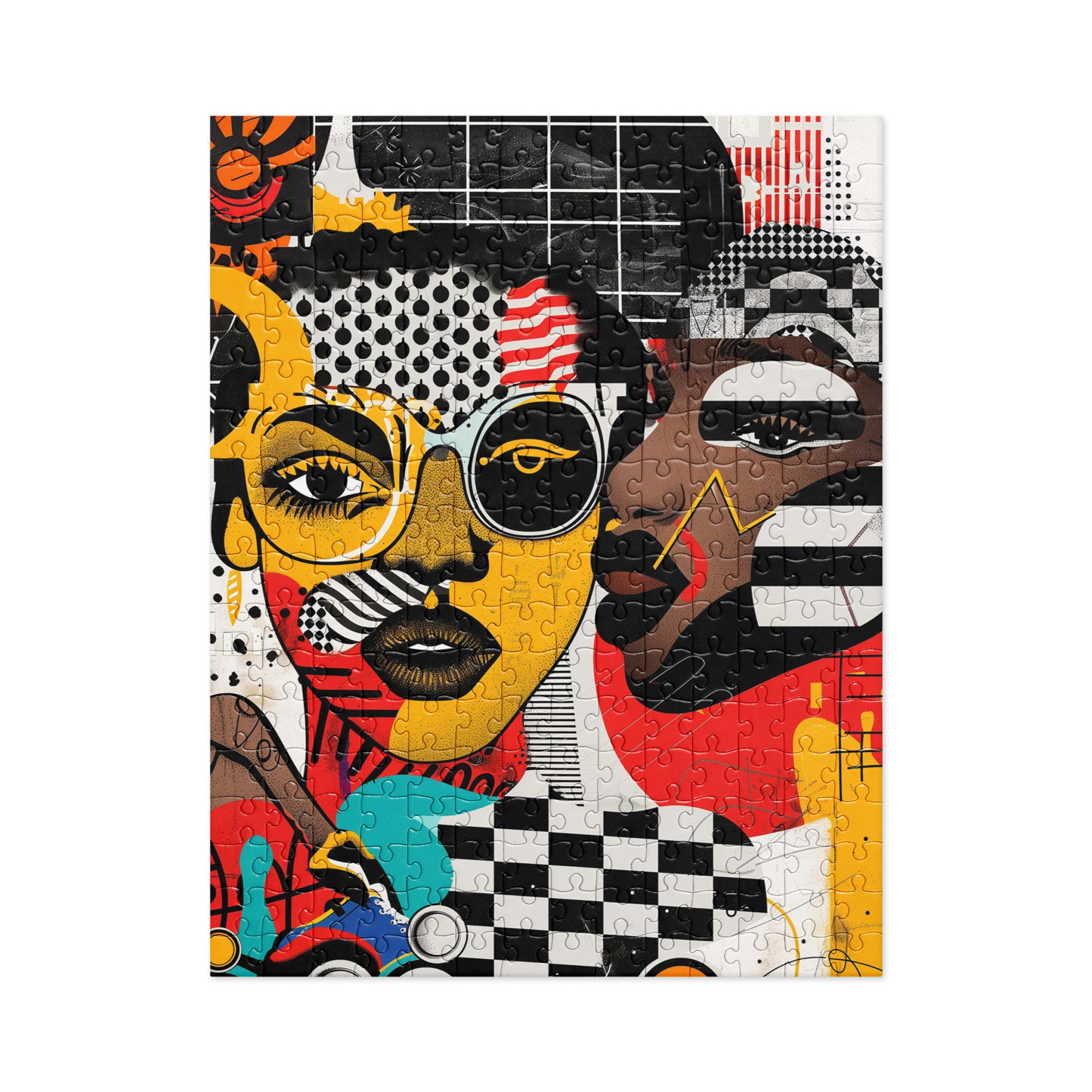 Black Women Collage Art Jigsaw Puzzle featuring a multidimensional Soul Sister design in colorful graffiti pop art style, perfect for art therapy and puzzle lovers.