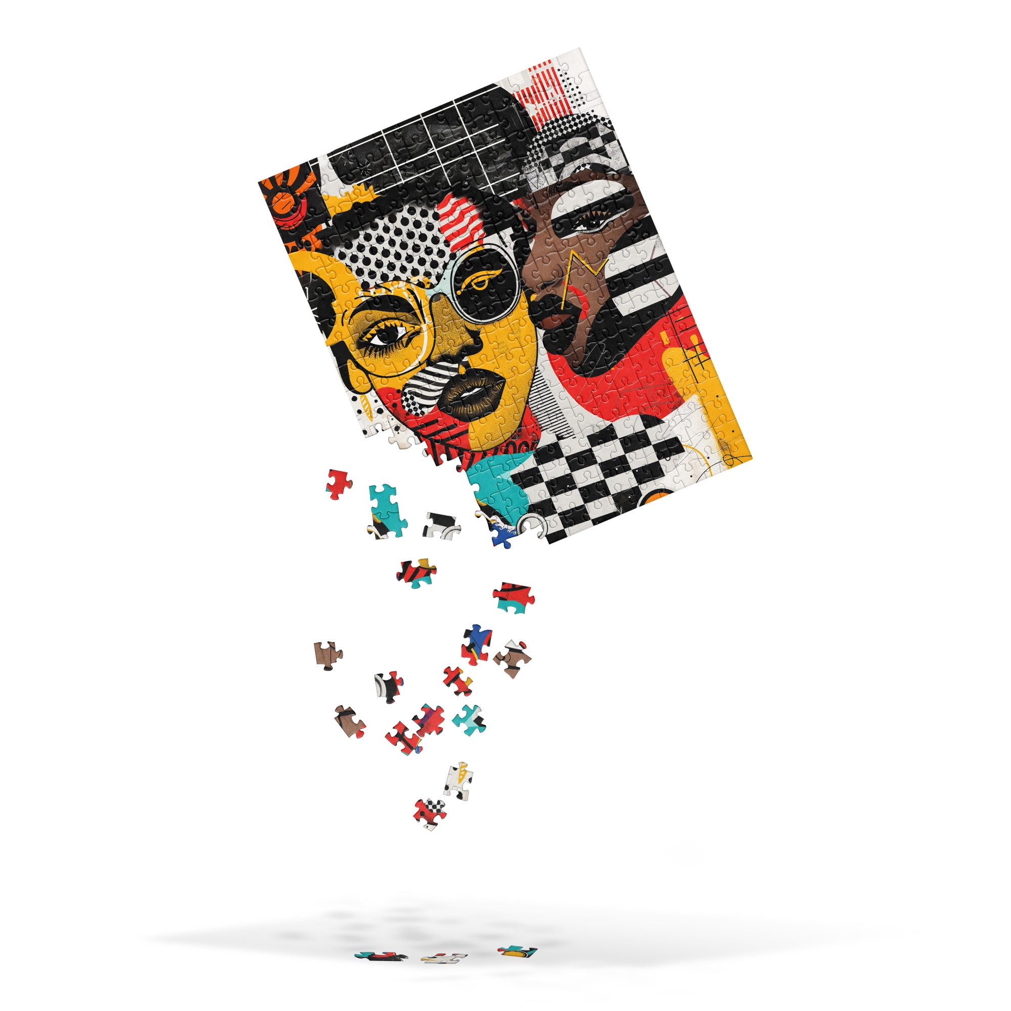 Black Women Collage Art Jigsaw Puzzle featuring a multidimensional Soul Sister design in colorful graffiti pop art style, perfect for art therapy and puzzle lovers.