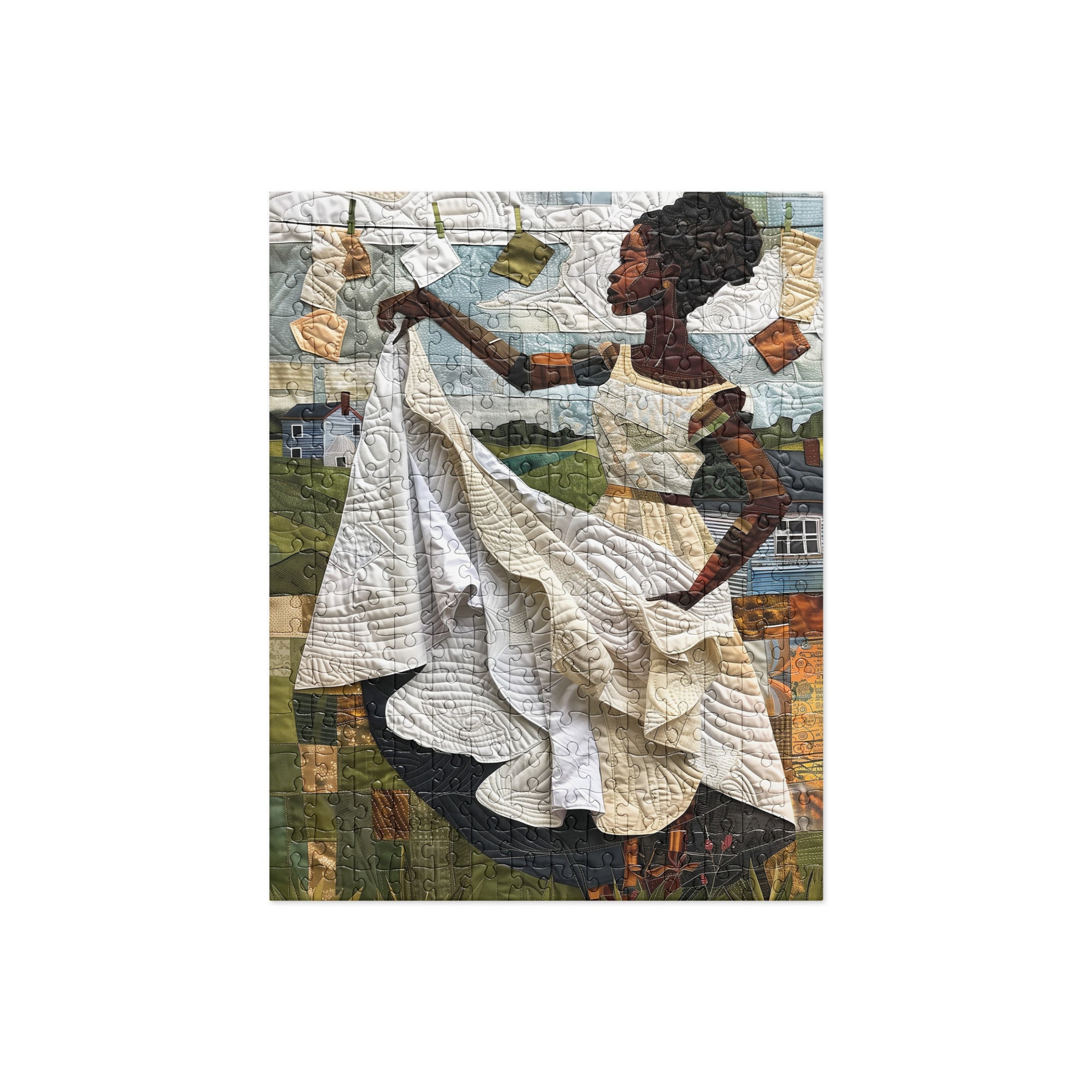 Afrocentric jigsaw puzzle featuring a Black woman hanging laundry on a clothesline, illustrated in a mosaic quilt collage style celebrating domestic life, care, and cultural heritage.