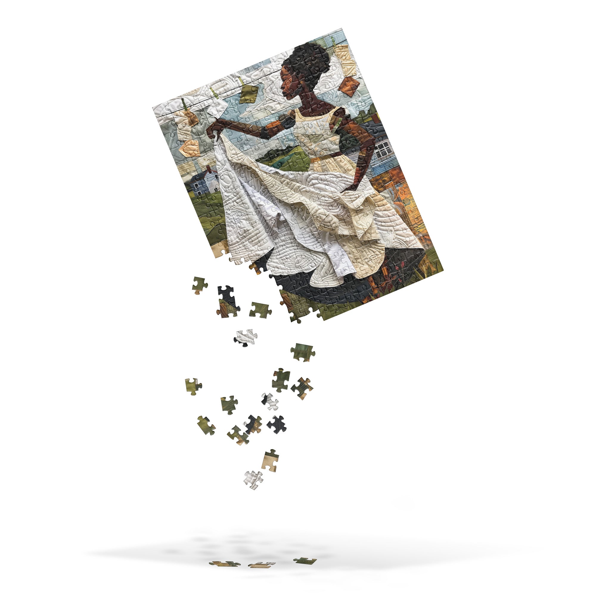 Afrocentric jigsaw puzzle featuring a Black woman hanging laundry on a clothesline, illustrated in a mosaic quilt collage style celebrating domestic life, care, and cultural heritage.