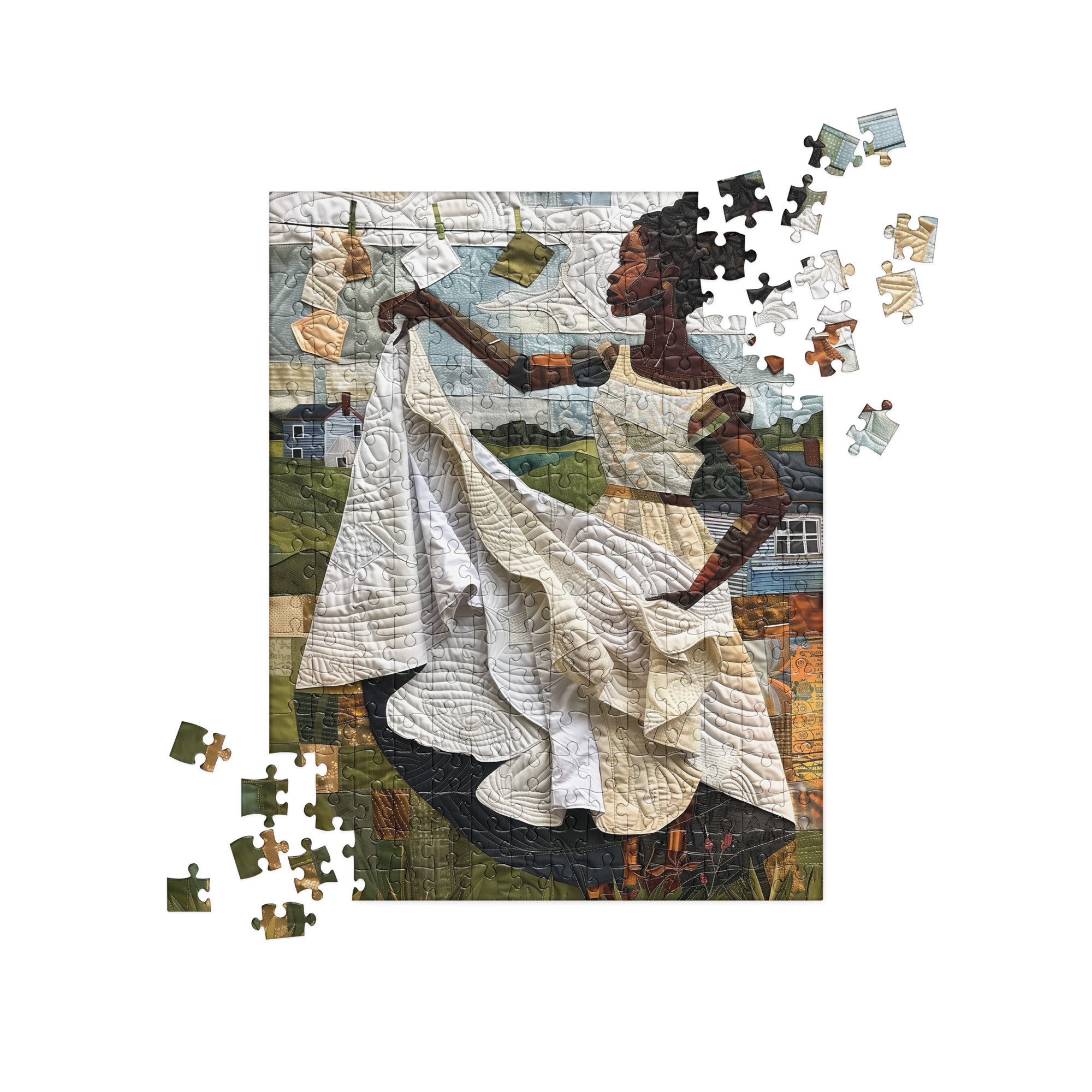 Afrocentric jigsaw puzzle featuring a Black woman hanging laundry on a clothesline, illustrated in a mosaic quilt collage style celebrating domestic life, care, and cultural heritage.