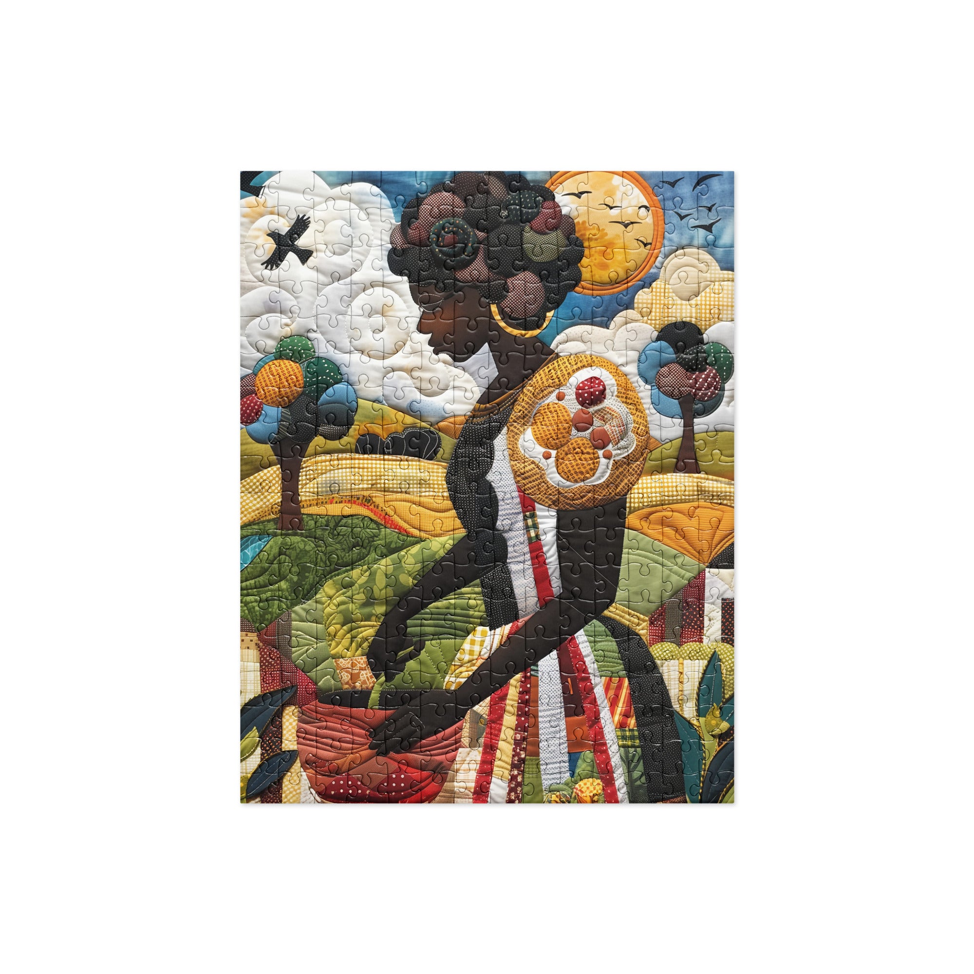 Afrocentric jigsaw puzzle featuring a Black woman planting vegetables in her backyard garden, illustrated in an abstract quilt collage style celebrating ancestral wisdom and self-sufficiency.
