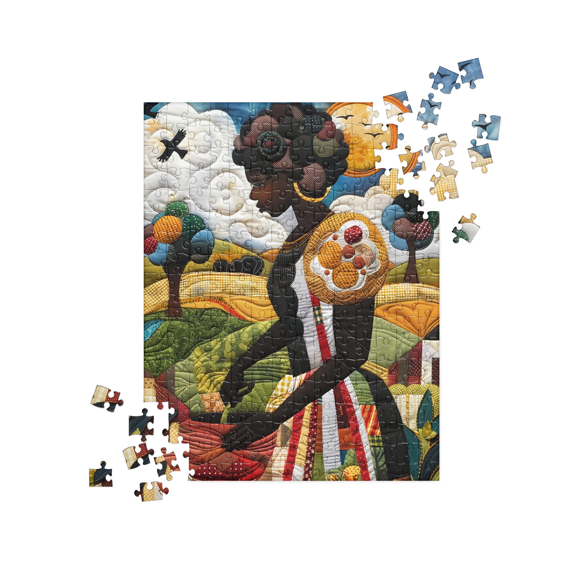 Afrocentric jigsaw puzzle featuring a Black woman planting vegetables in her backyard garden, illustrated in an abstract quilt collage style celebrating ancestral wisdom and self-sufficiency.