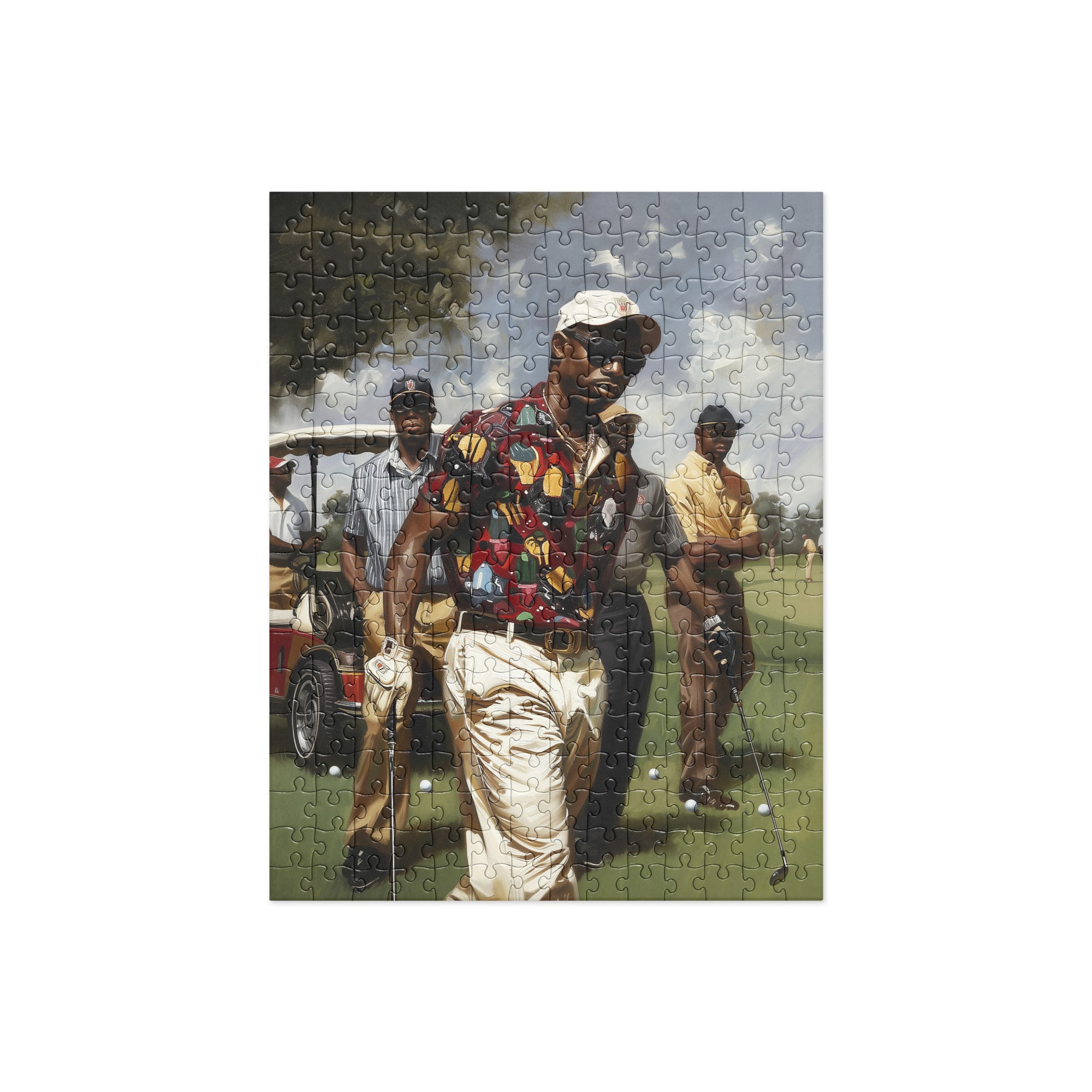 Afrocentric jigsaw puzzle featuring stylish Black men playing golf on a lush green course, celebrating Black joy, brotherhood, and leisure in a vibrant fine art style.