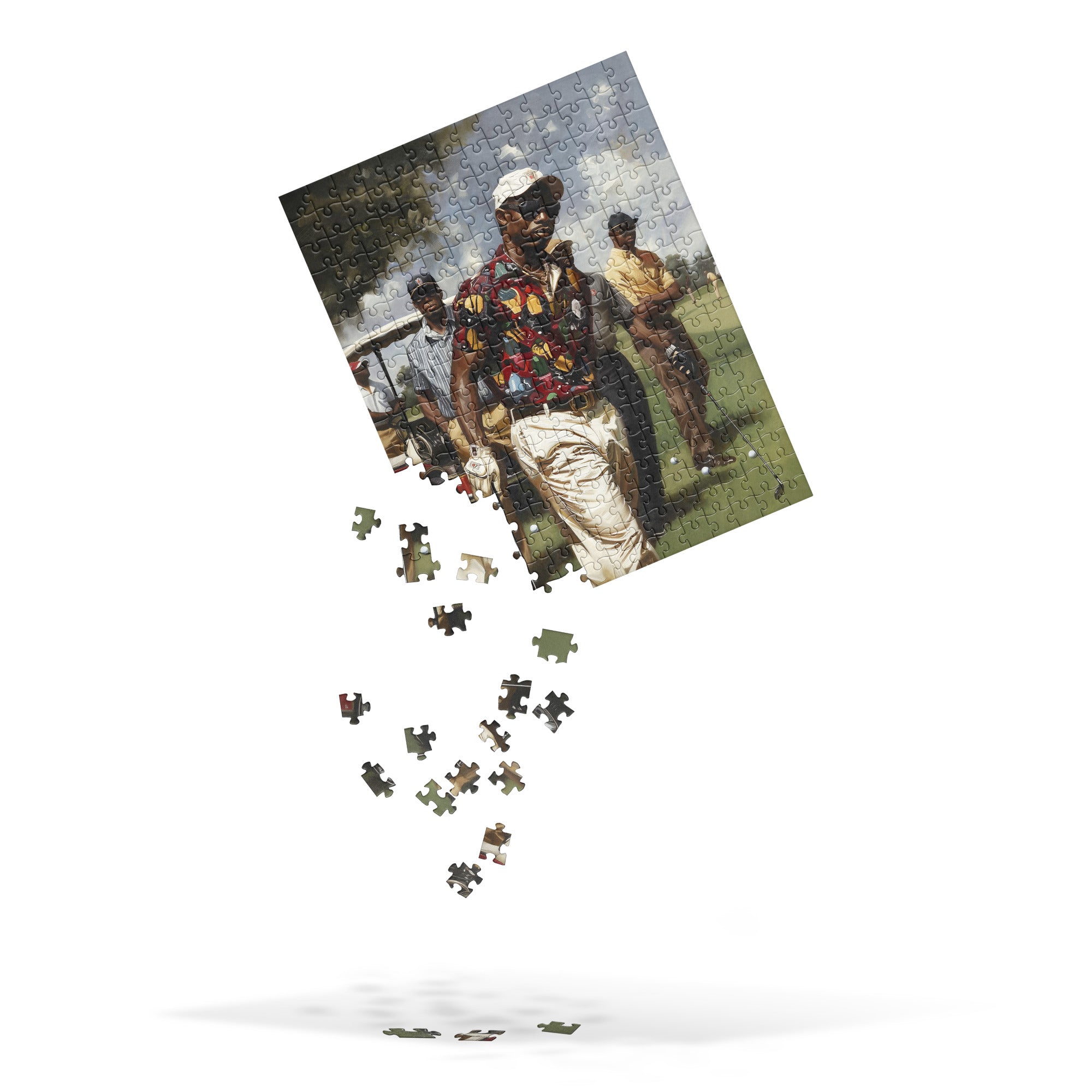 Afrocentric jigsaw puzzle featuring stylish Black men playing golf on a lush green course, celebrating Black joy, brotherhood, and leisure in a vibrant fine art style.