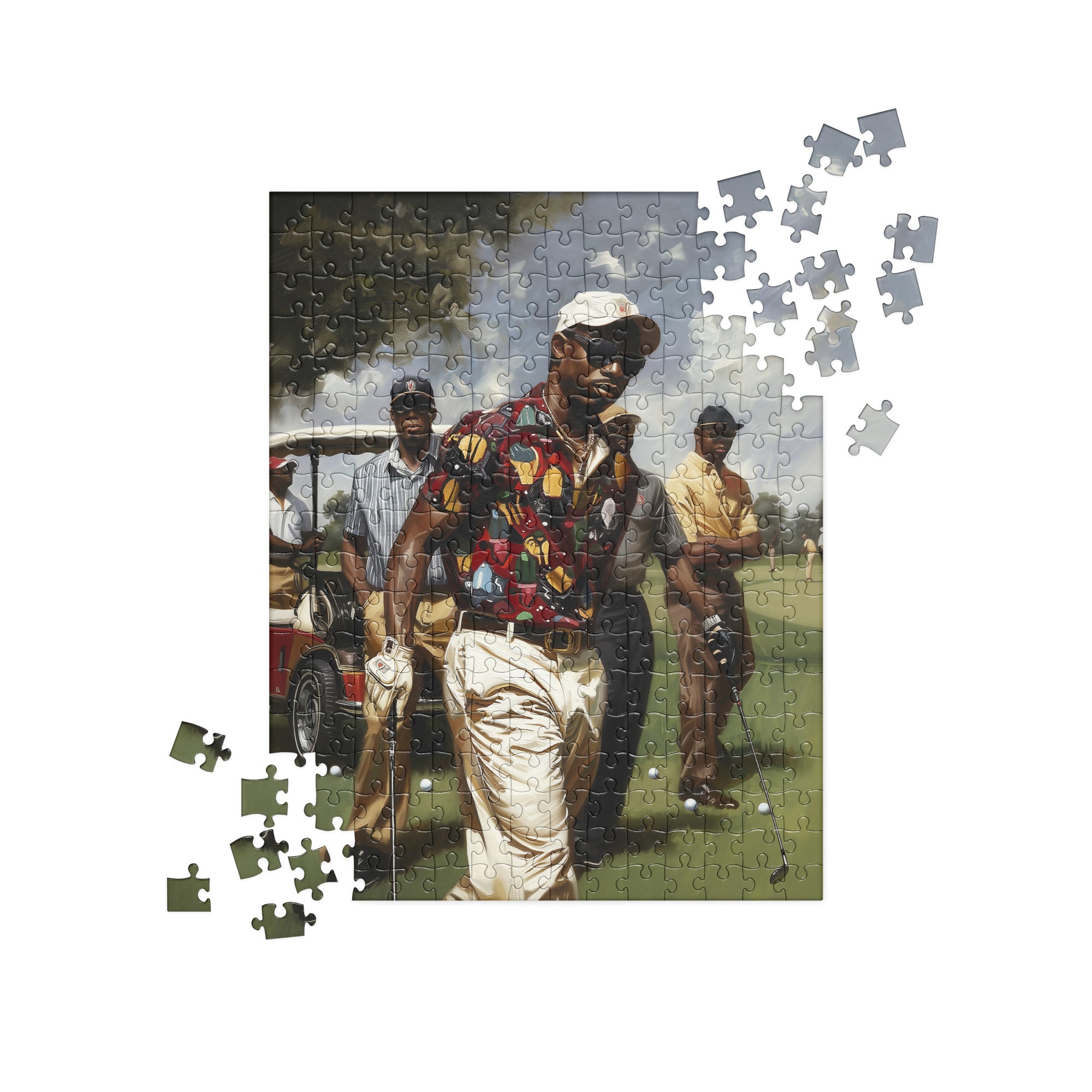 Afrocentric jigsaw puzzle featuring stylish Black men playing golf on a lush green course, celebrating Black joy, brotherhood, and leisure in a vibrant fine art style.