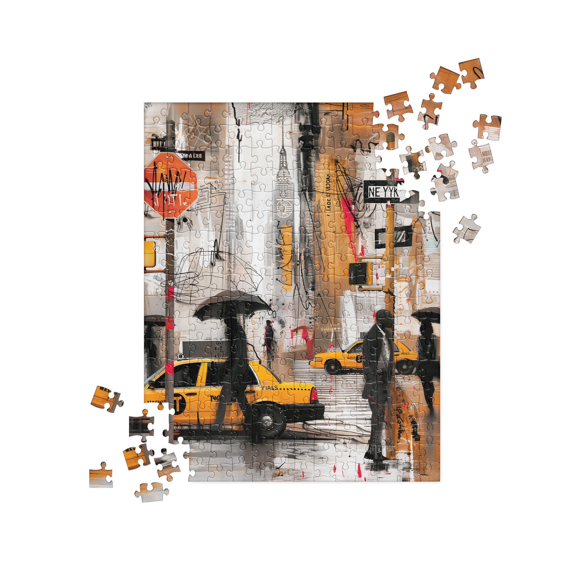 Graffiti-style jigsaw puzzle featuring Black silhouettes walking in the rain with umbrellas, surrounded by NYC yellow taxis and Manhattan skyscrapers in a gritty urban cityscape.