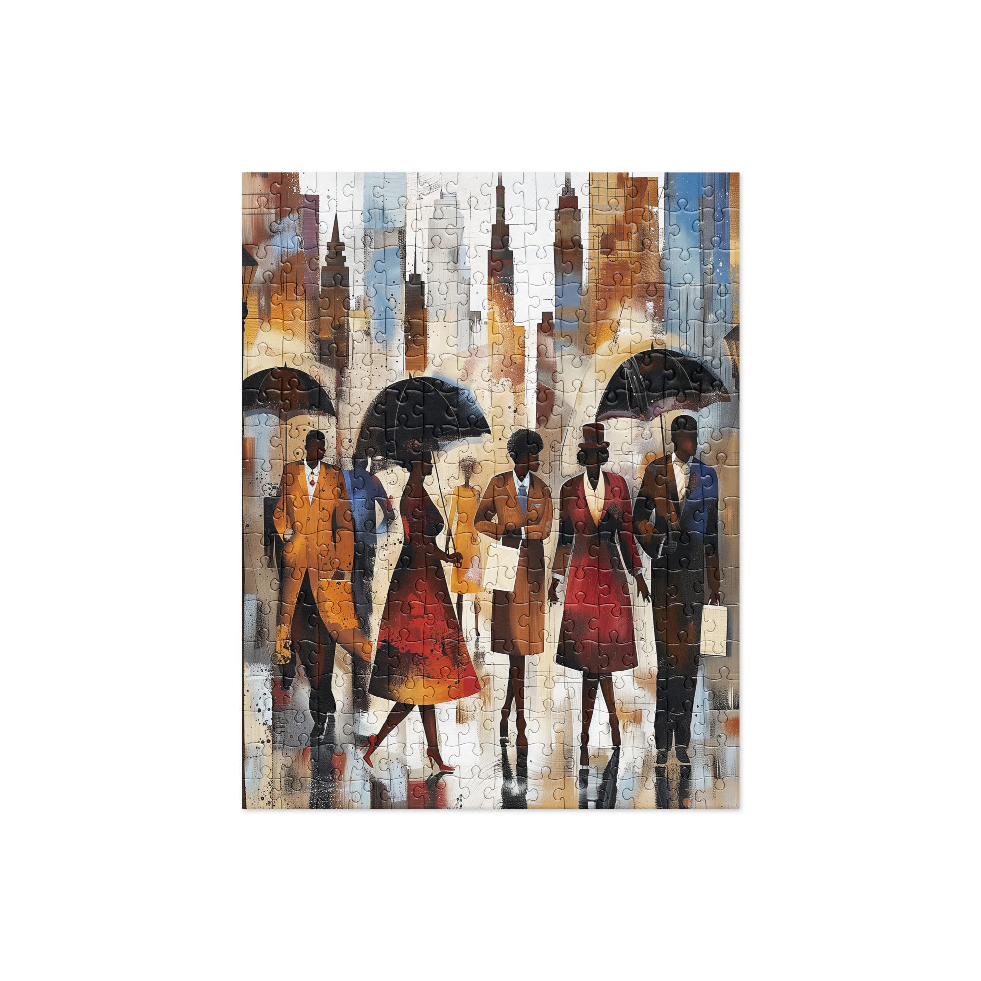 Abstract art jigsaw puzzle featuring Black silhouettes walking in the rain with umbrellas, with Manhattan skyscrapers in a moody, urban cityscape.