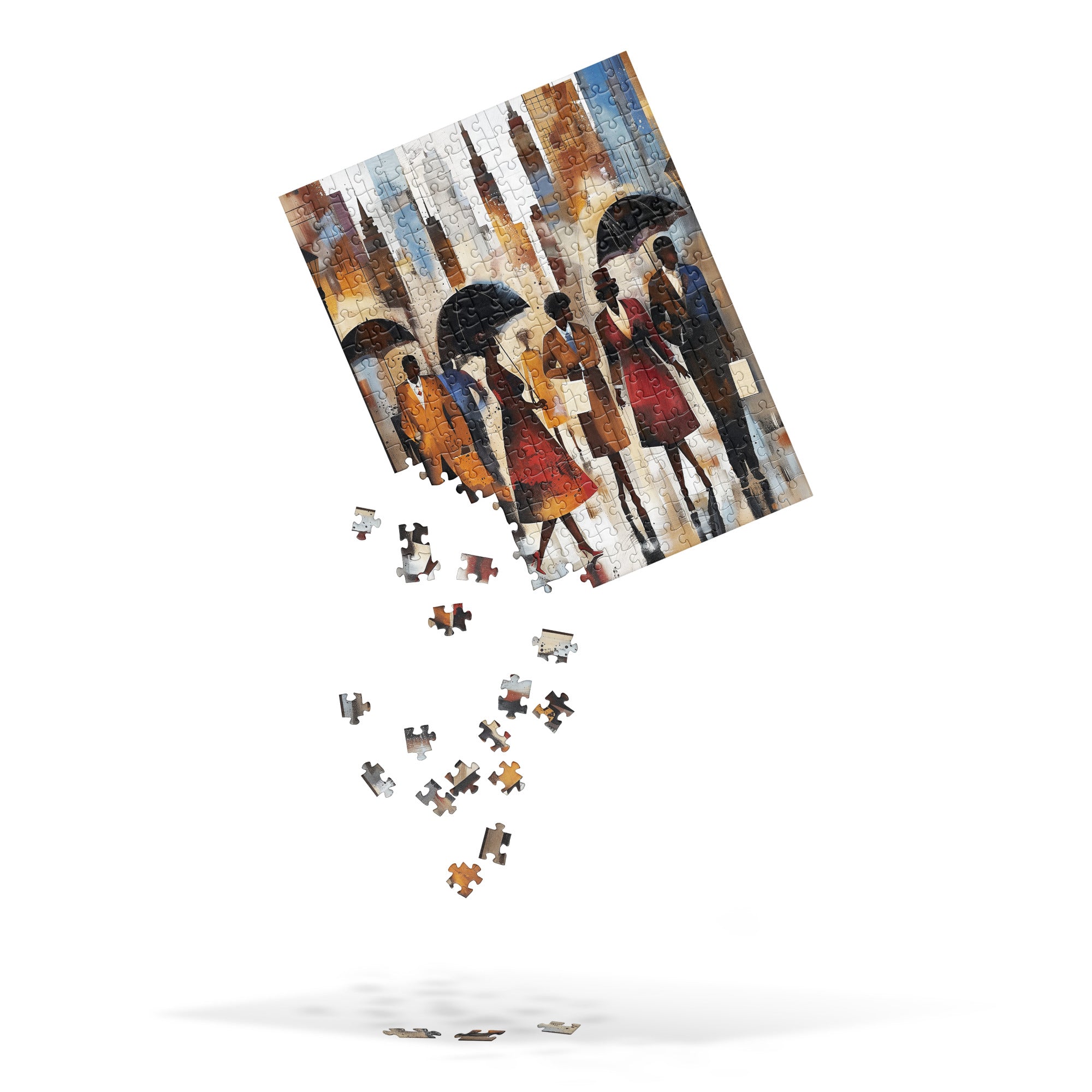 Abstract art jigsaw puzzle featuring Black silhouettes walking in the rain with umbrellas, with Manhattan skyscrapers in a moody, urban cityscape.