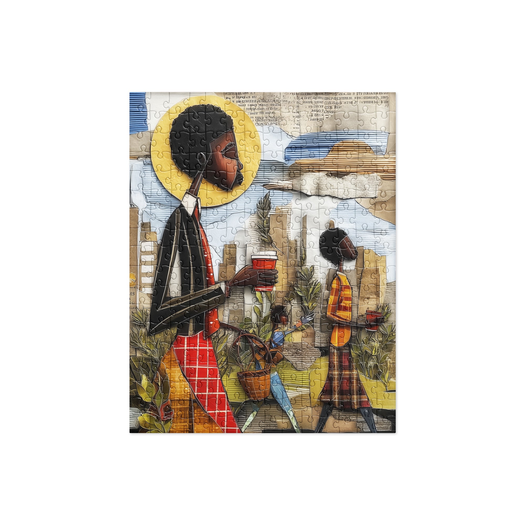 Abstract jigsaw puzzle of Black commuters walking in Manhattan with coffee cups and potted plants, surrounded by yellow taxis and NYC skyscrapers during morning rush hour.