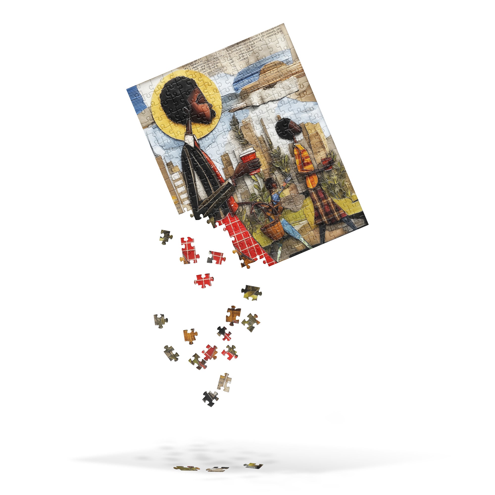 Abstract jigsaw puzzle of Black commuters walking in Manhattan with coffee cups and potted plants, surrounded by yellow taxis and NYC skyscrapers during morning rush hour.