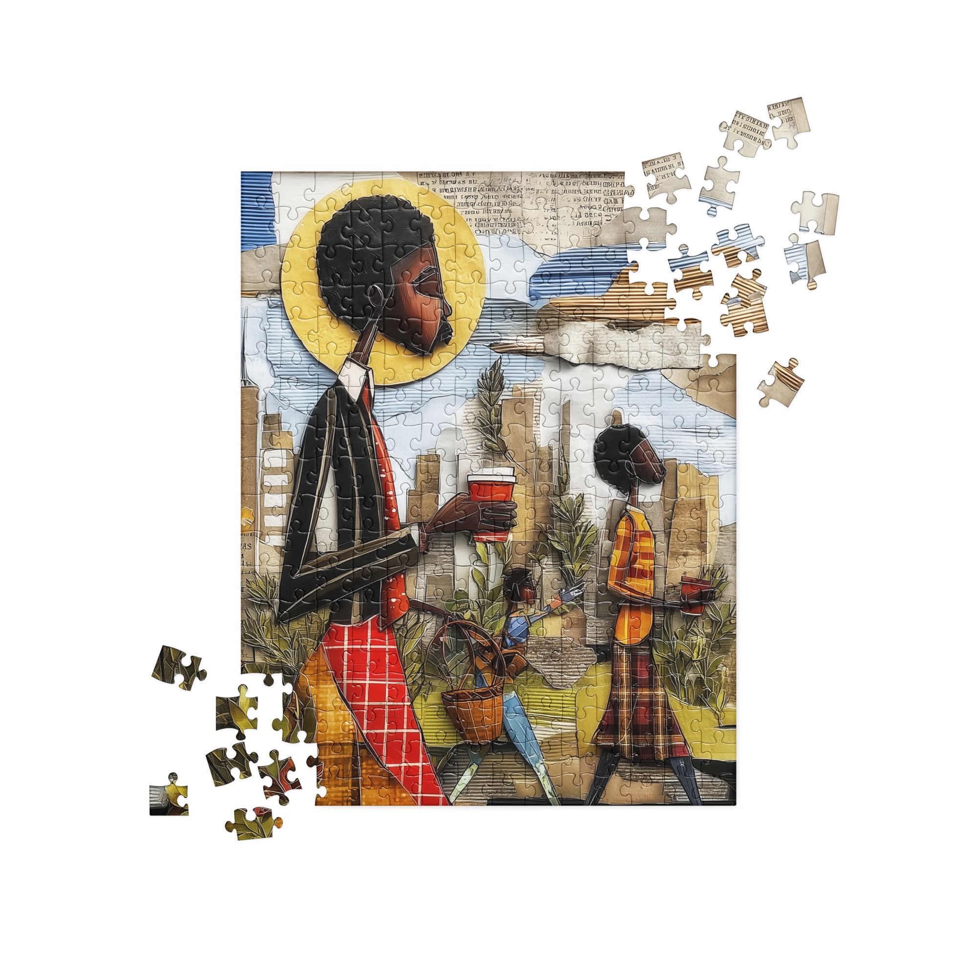 Abstract jigsaw puzzle of Black commuters walking in Manhattan with coffee cups and potted plants, surrounded by yellow taxis and NYC skyscrapers during morning rush hour.