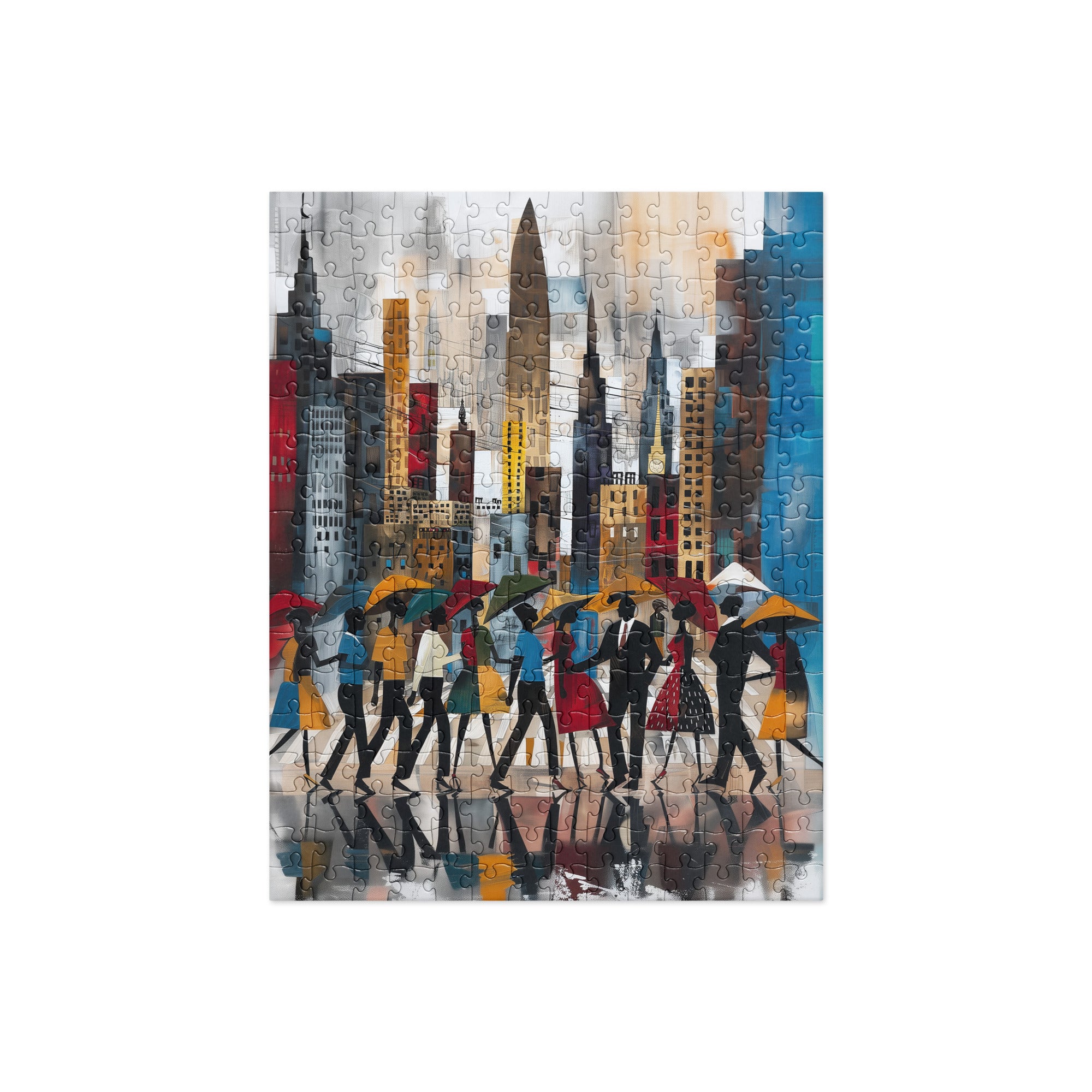 Rainy Day in Manhattan Jigsaw Puzzle - Afrocentric Abstract NYC Puzzle - Style 37, finished 252 piece jigsaw puzzle against a white background.