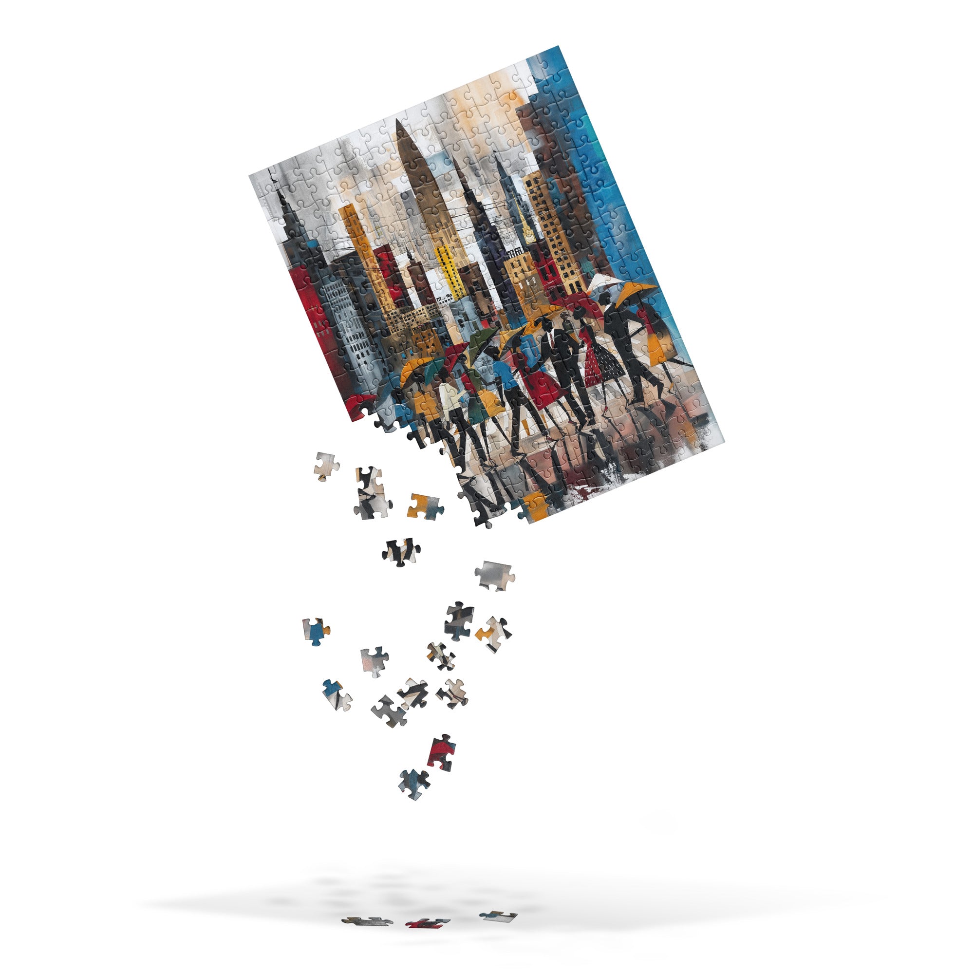 Rainy Day in Manhattan Jigsaw Puzzle - Afrocentric Abstract NYC Puzzle - Style 37.  Featuring the 252 piece puzzle with puzzle pieces falling down, featured against a white background.